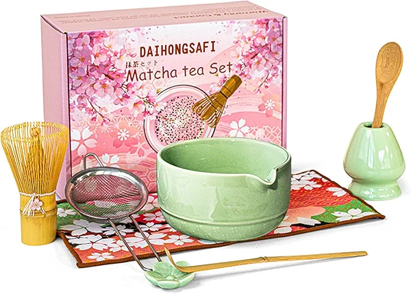 8-Piece Matcha Whisk Set - Matcha Kit Set Includes Matcha Bowl with Spout, Matcha Whisk and Holder, Bamboo Scoop&Spoon and Rest, Sifter and Towel