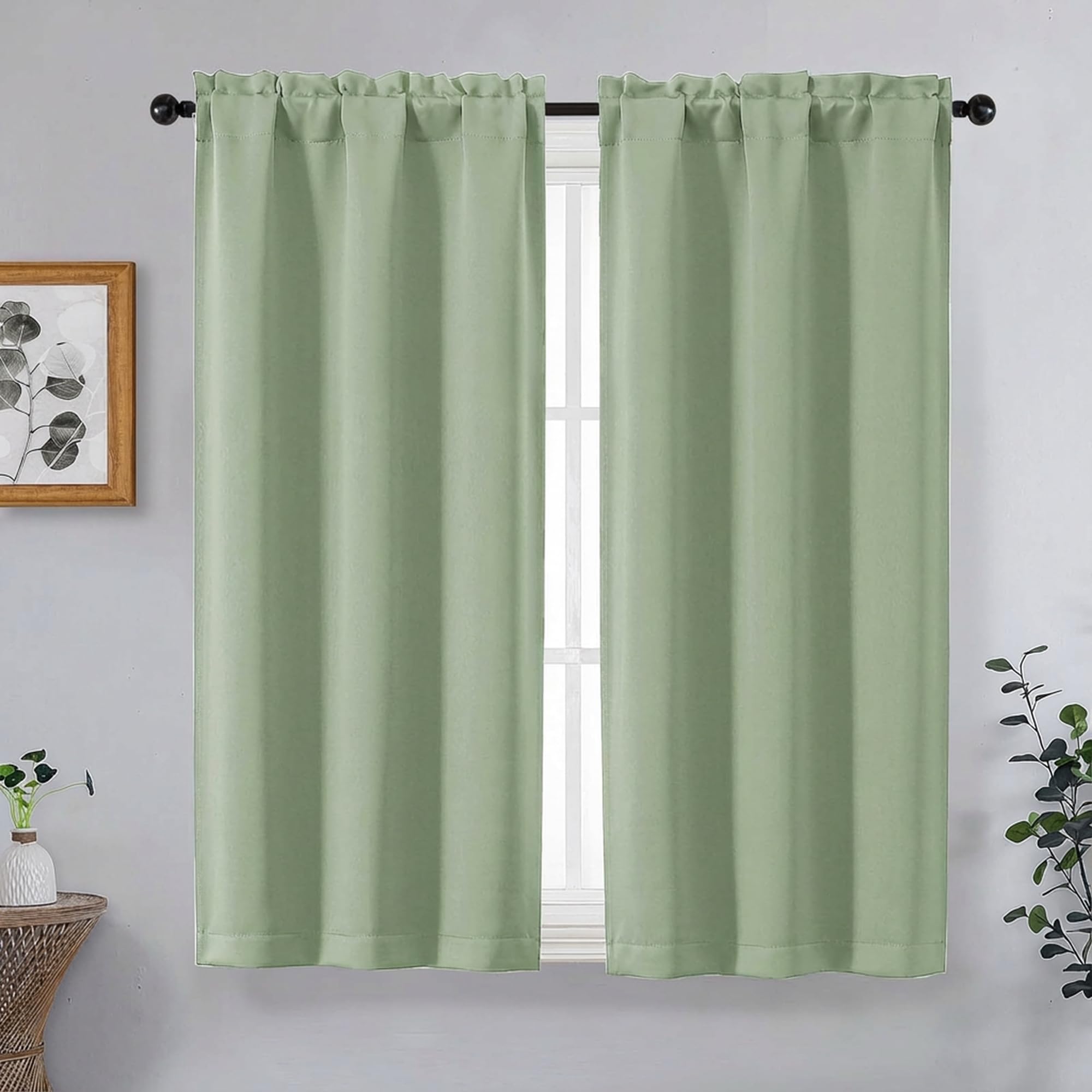OVZME Light Green Short Blackout Curtains for Bedroom 45 Inches Long 2 Panels Set, Solid Thermal Insulated Blackout Curtains, Energy Saving Soft Fabric Window Drapes, Dual Rod Pocket, 2x40Wx45L Inches