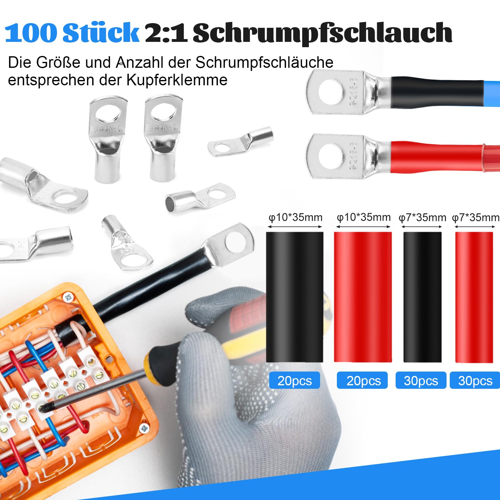Crimpzange Kabelschuhe AWG Draht Crimper mit 100 Stück Schrumpfschlauch und 60 Kupferanschlüsse, batteriekabelschuh Crimpzange für Kabelhülse zwischen 6-50 mm²