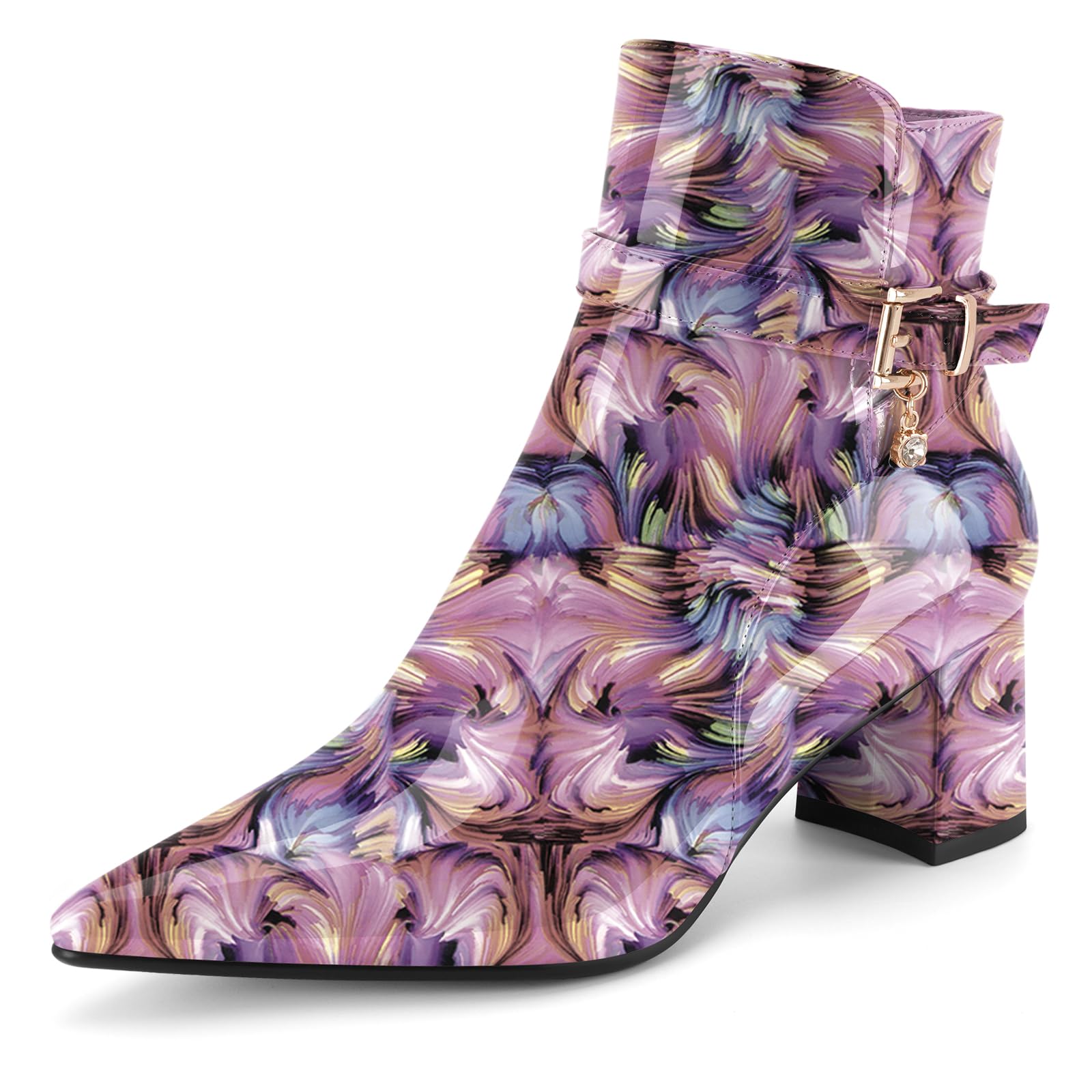 Womens Fashion Leather Chunky Ankle Boots Multi Strap Sparkly Rhinestone Pointed Toe Heeled Booties