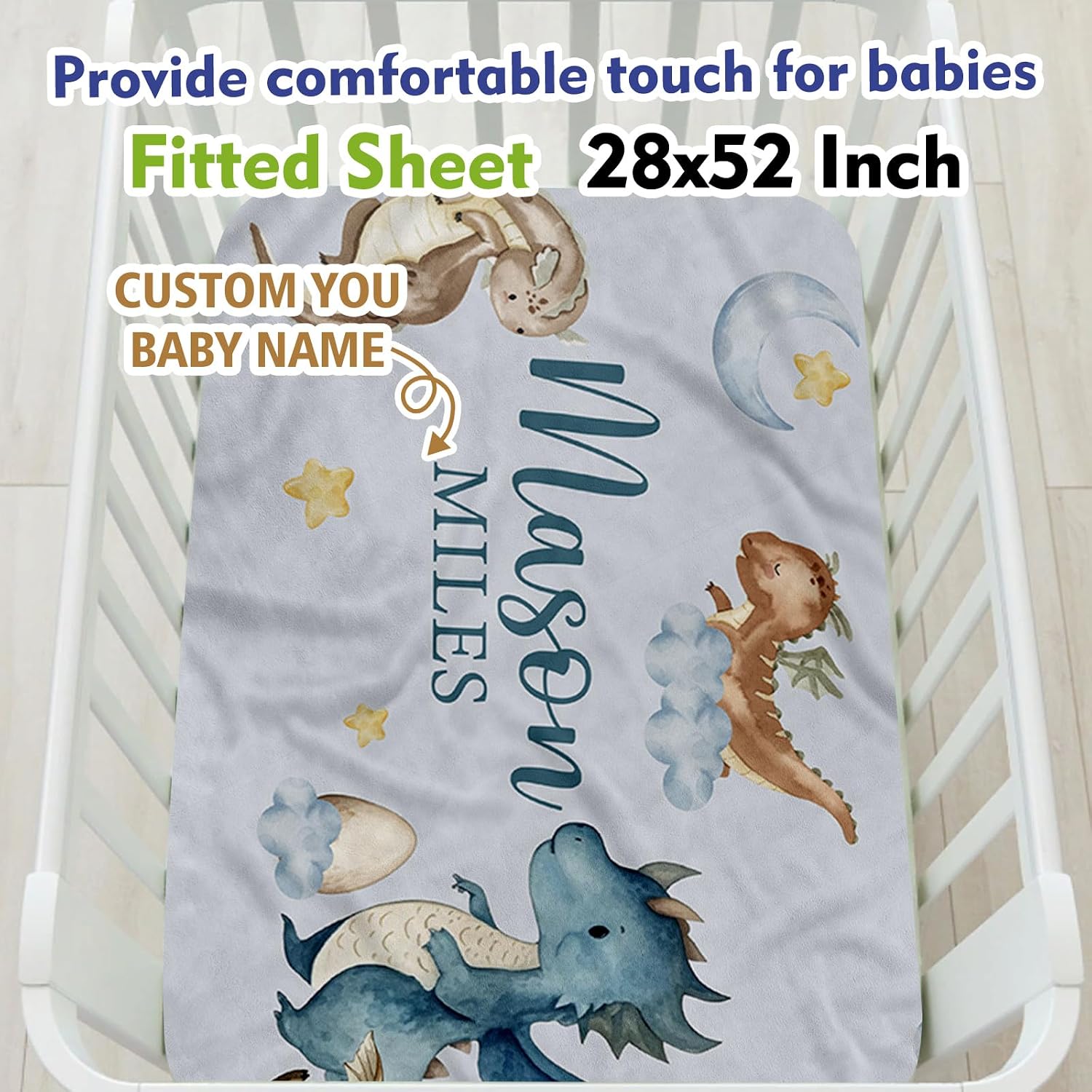 Custom Crib Bedding Sets, Personalized Dinosaur Crib Bedding Sets with Name, 2 Pcs Crib Set with Double Layer Blanket and Crib Sheet, Gifts for Boys and Girls