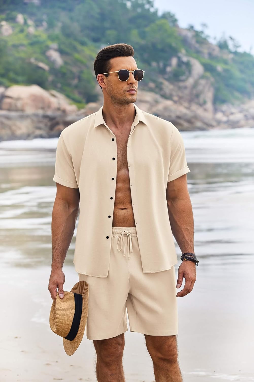 COOFANDY Men's Summer Beach Outfits 2 Piece Short Sleeve Shirts and Shorts Vacation Texture Linen Sets for Men - Image 2