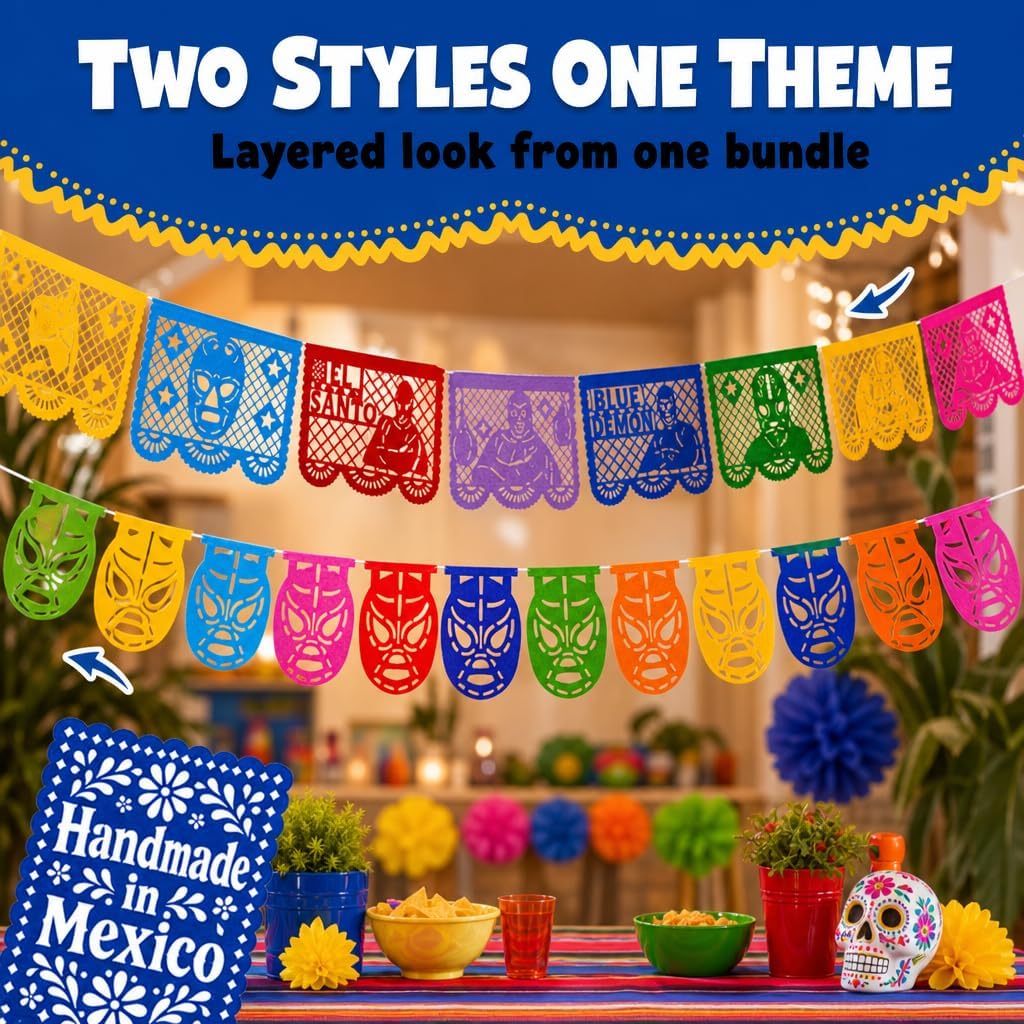 Lucha Libre Party Decorations Bundle - Lucha Libre Papel Picado (2 Pack, 10 Flags per Banner) PLUS Mascaritas Luchador Party Banners (2 Pack, 16 Flags per Banner, 40 feet)