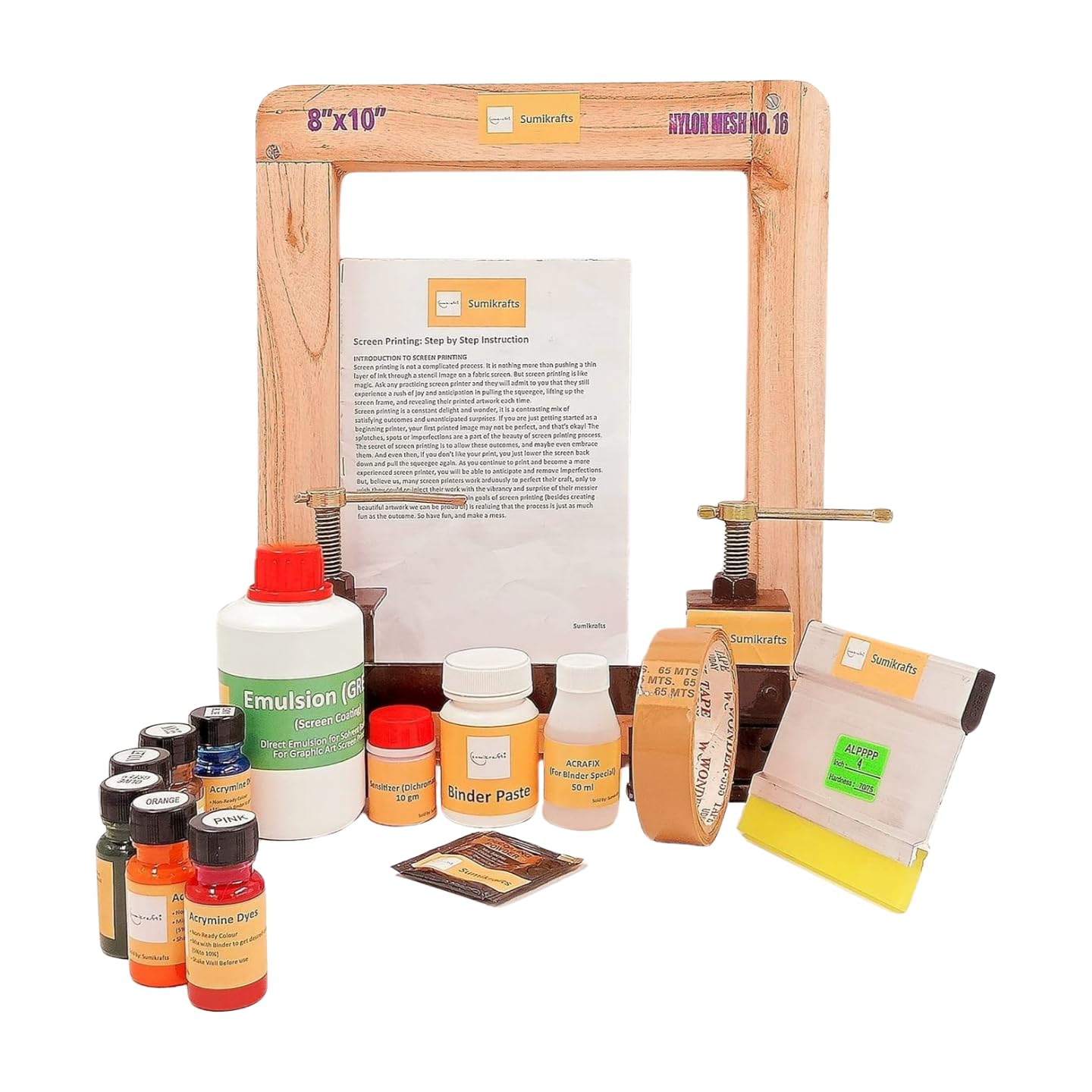 sumikrafts Screen Printing kit for Beginners: 6 Assorted Pigment Dyes+Double Hinge Table Clamps+ Screen Printing Wooden Frame Small 8"x10" pre-Stretched mesh no 16(Option 5)-image-8