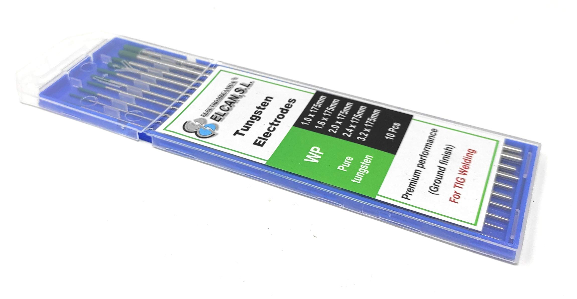 Soudage TIG ELCAN Tungstens Pure green WP professional, 1.0 1.6 2.0 2.4 3.2 mm Électrodes de soudage au chalumeau TIG, 10 unités - Dimensions: 1.0/1.6/2.0/2.4/3.2 x 175mm