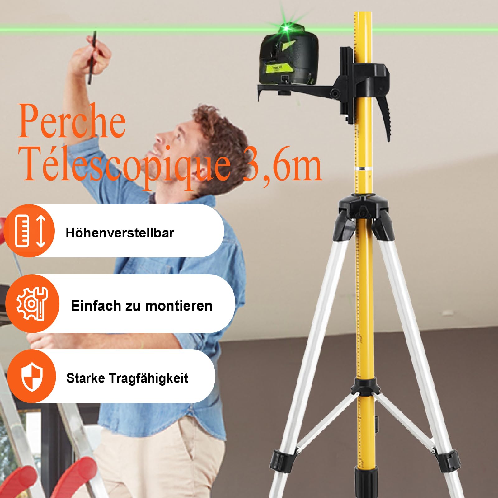 Perche télescopique 3,6m,Niveau Laser Perche Télescopique, Pôle de Montage Pour Laser Rotatif et Niveau Laser avec trépied avec Filetage Mâle 1/4-20 et Adaptateur Fileté 5/8-11