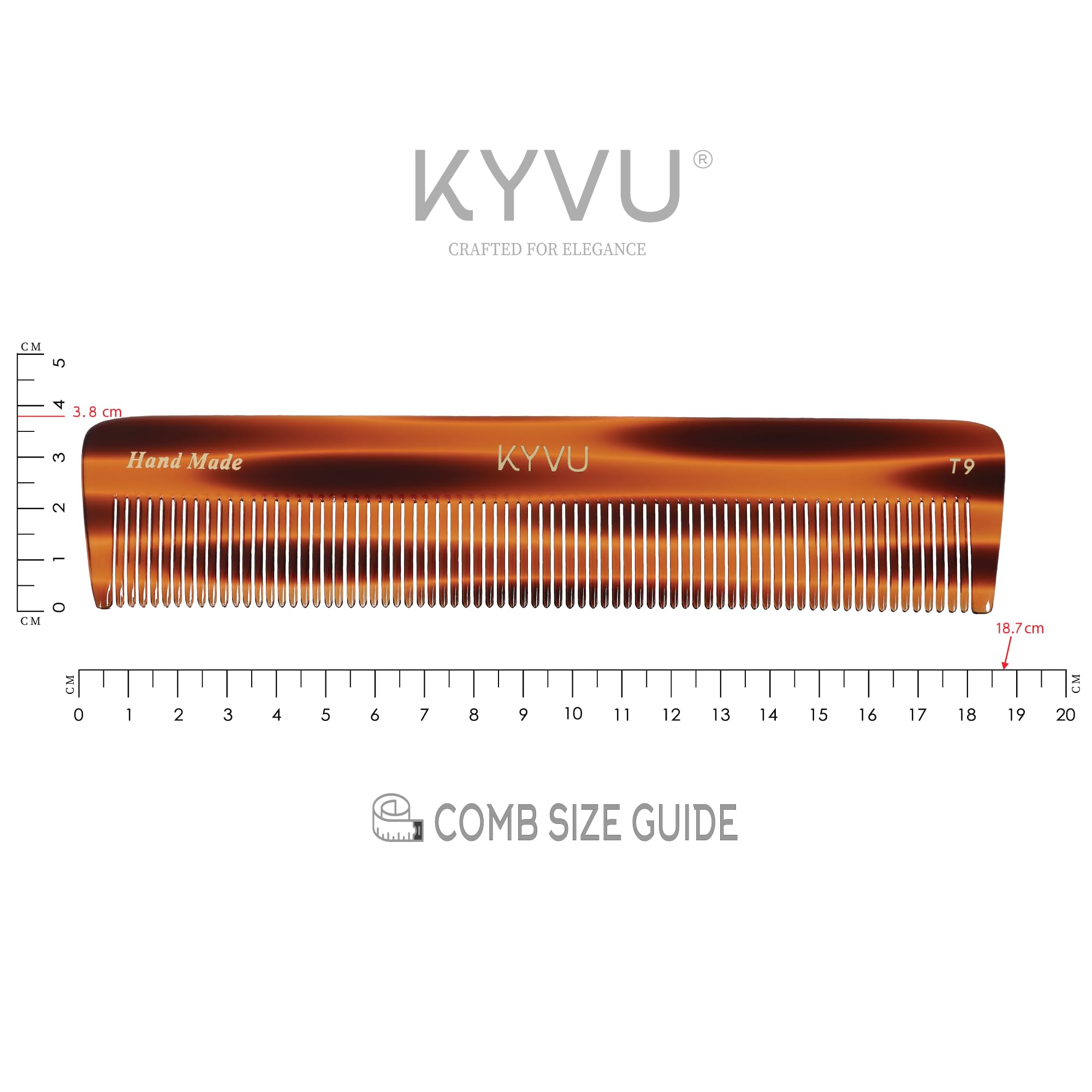 KYVU Handmade Cellulose Acetate Comb T9, 18.7 cm, FINE Teeth, Tortoiseshell Colour, Hair Styling for Men & Women - Image 4