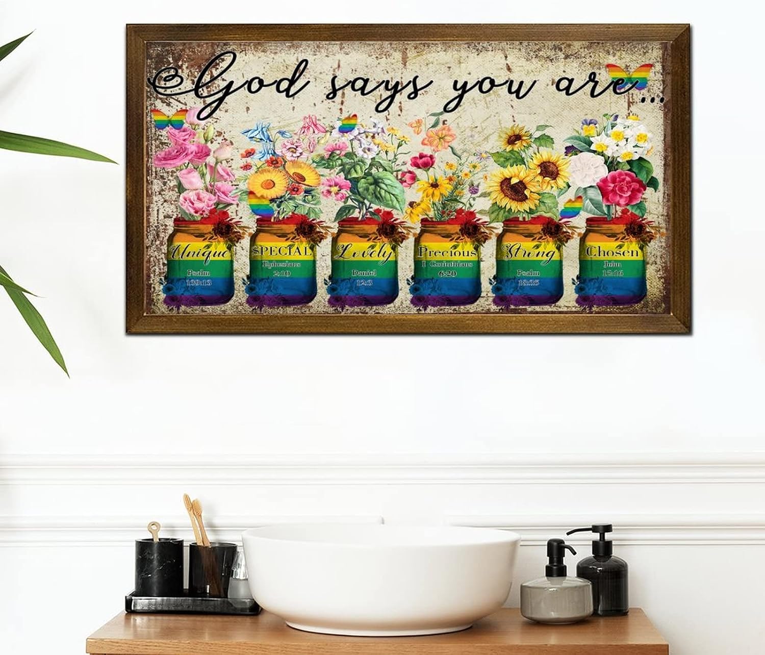 LGBT Religious Inspirational Wooden Framed Signs God Says You are Wooden Wall Hangings Retro Pride and Proud Woodshop Garage Wall Decor for LGBTQ Queer Gay Lesbian 12x22 in