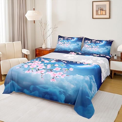 Juego de sábanas de 4 piezas, diseño floral, tamaño King, diseño de flor de cerezo y cielo nocturno, juego de ropa de cama de microfibra cepillada