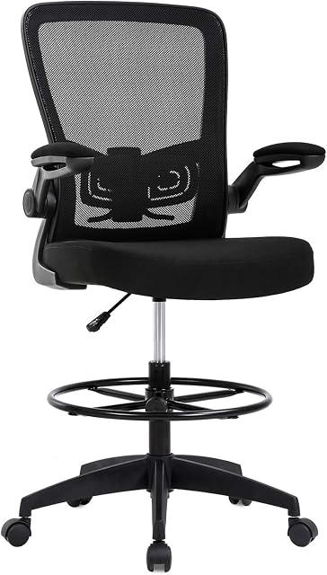 BestOffice Drafting Chair Tall Office Chair Adjustable Height with Lumbar Support Flip Up Arms Footrest Mid Back Task Mesh Desk Chair Computer Chair Drafting Stool for Standing Desk (Black)