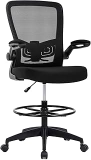 Drafting Chair Tall Office Chair Adjustable Height with Lumbar Support Flip Up Arms Footrest Mid Back Task Mesh Desk Chair Computer Chair Drafting Stool for Standing Desk (Black)