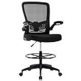 Drafting Chair Tall Office Chair Adjustable Height with Lumbar Support Flip Up Arms Footrest Mid Back Task Mesh Desk Chair Computer Chair Drafting Stool for Standing Desk, Black