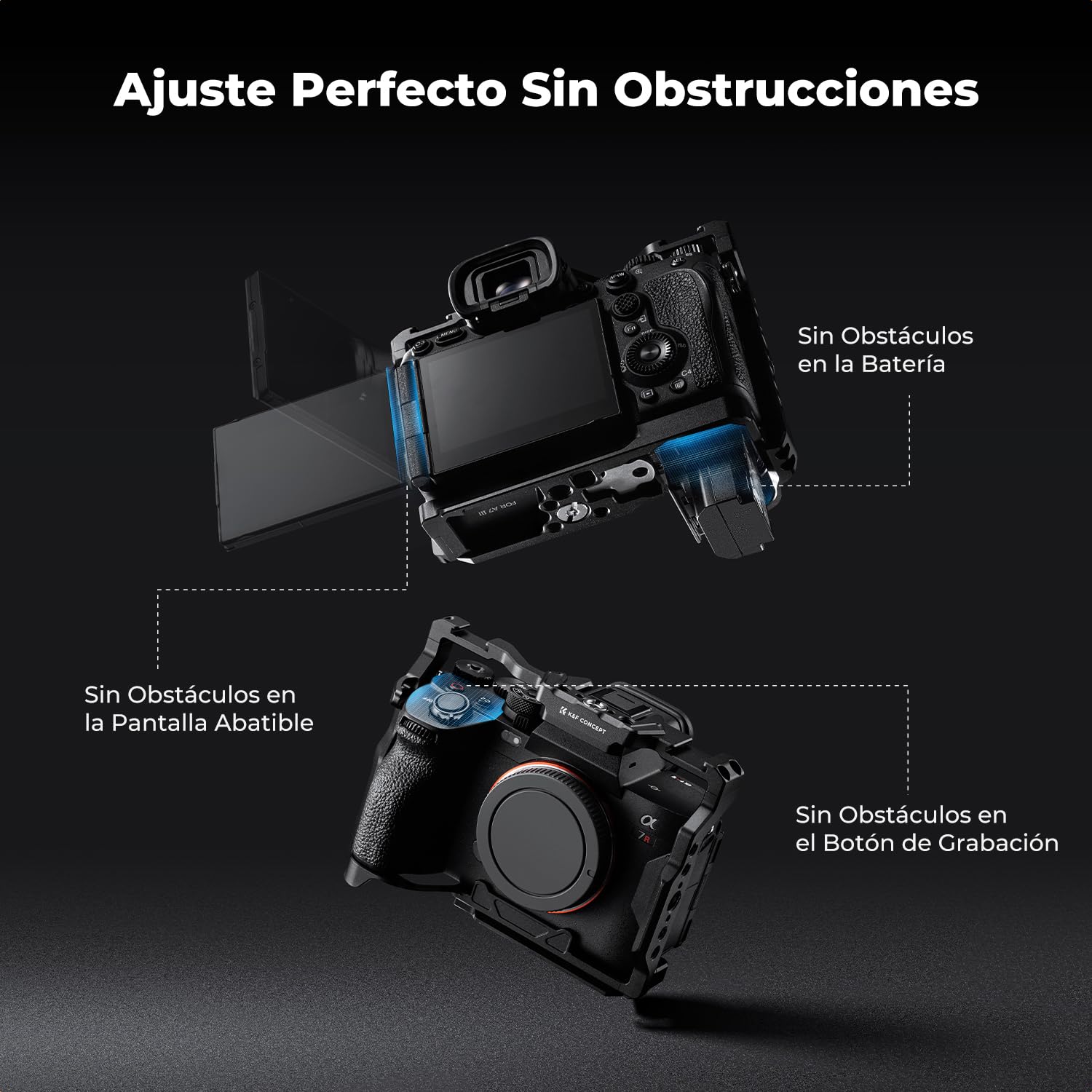 K&F CONCEPT Kit de Jaula para Sony Alpha 7 III/7 IV/7 Ⅴ/7R III/7R Ⅴ | Cage Alpha 7 con Placa de Liberación Rápida para Arca, Zapata Fría y Orificios Roscas de 3/8'' y 1/4''- CS03