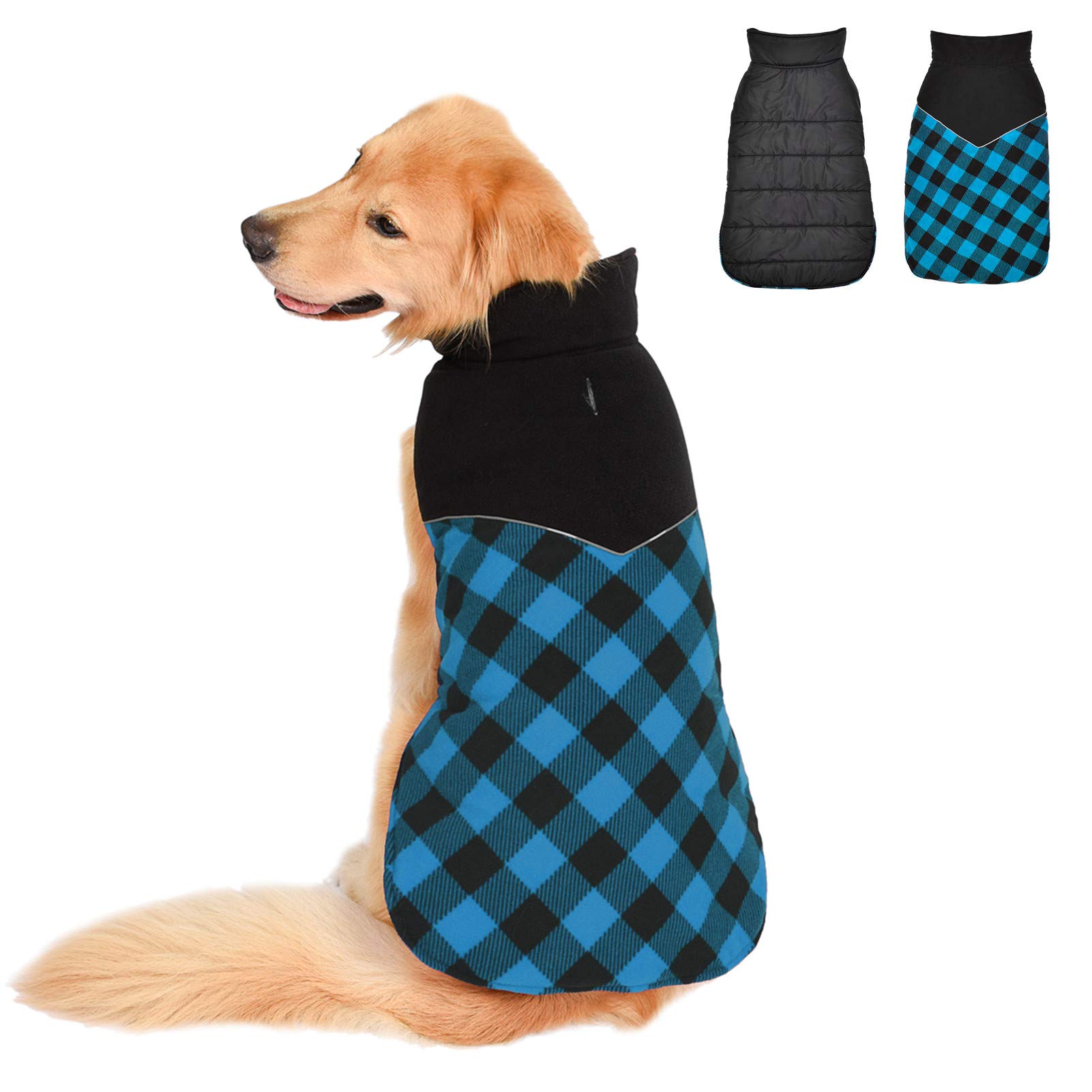 Fragralley Reversible Dog Winter Coat - Warm Dog Plaid Jacket for Cold Weather, Windproof Waterproof Reflective Puppy Vest Clothes for Small Medium Large Dogs
