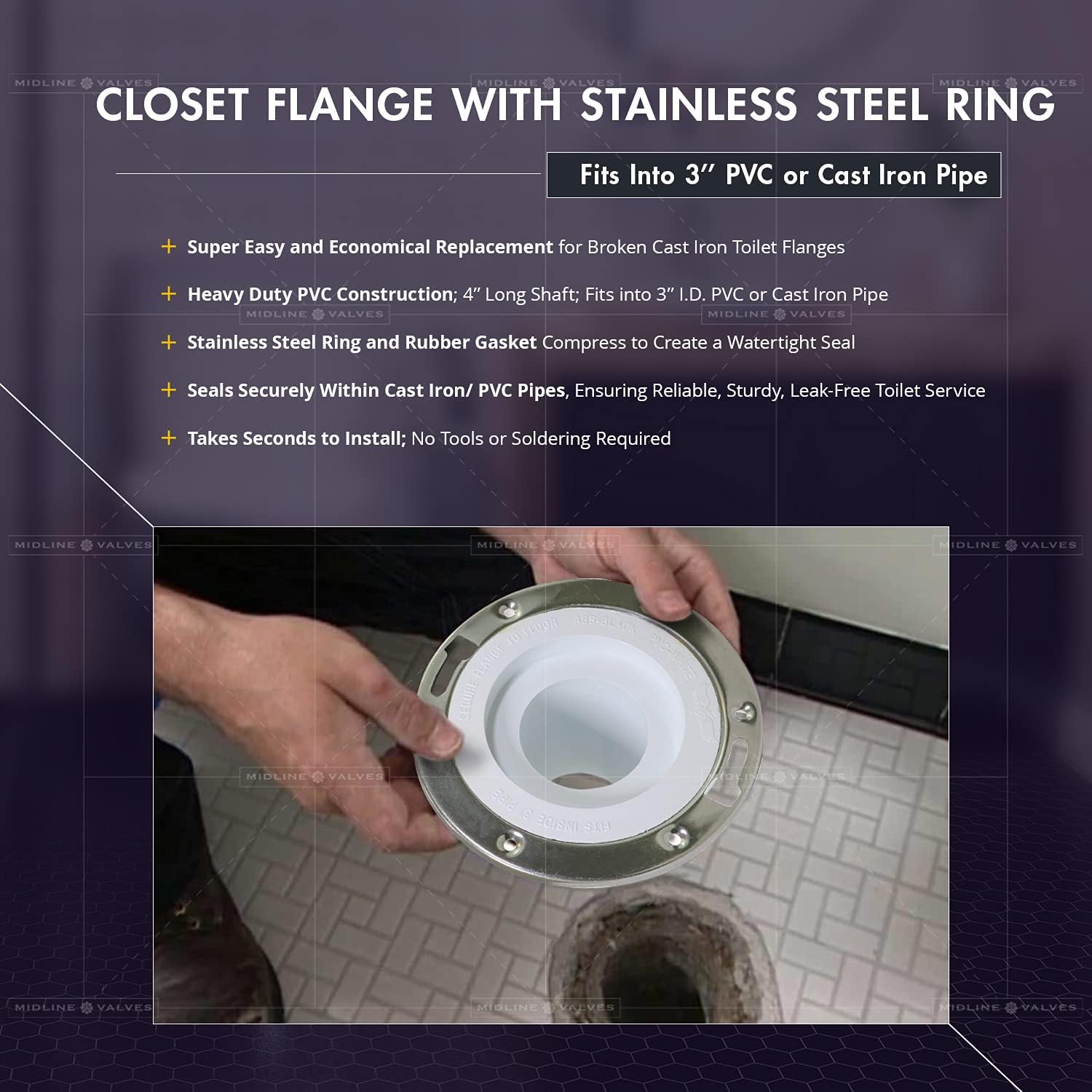 Midline Valve S1165 4-1/2’’ Long Closet Flange with Stainless Steel Ring; Fits Into 3’’ PVC or Cast Iron Pipe