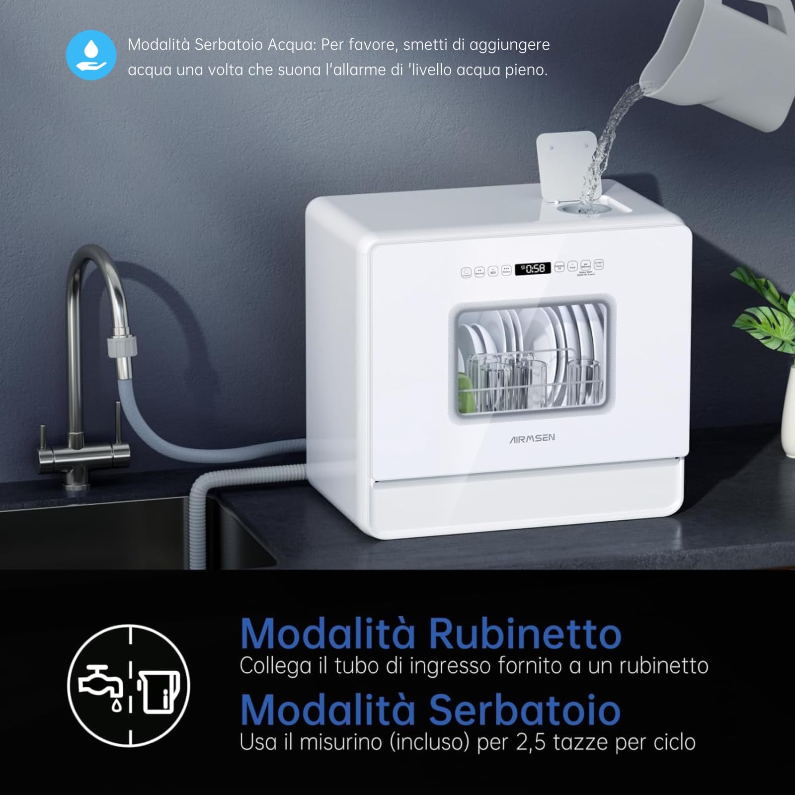 AIRMSEN Lavastoviglie da Tavolo Mini Lavastoviglie con 7+2 Programmi Funzione Sale Addolcitore Serbatoio da 5L Control Táctil & Pantalla LED, Lavastoviglie Compatta per Cucine Appartamenti e Dormitori
