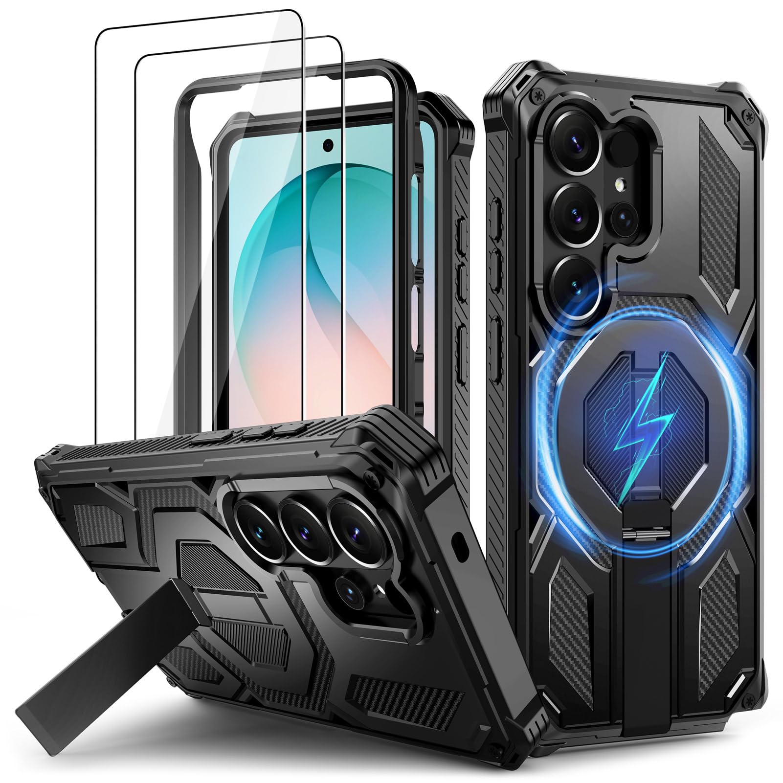 Lanhiem Cover per Samsung S26 Ultra con 2 Pezzi Vetro Temperato e Supporto, 16FT Antiurto Militare Magnetica Custodia per Samsung Galaxy S26 Ultra Case, Nero