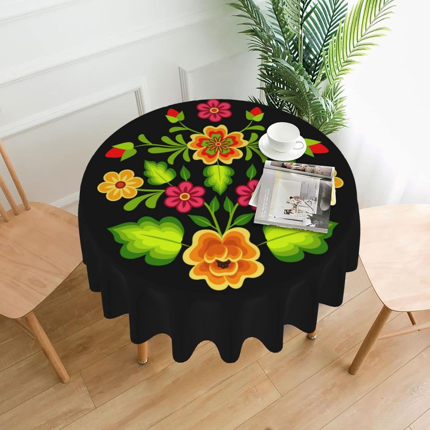 Tablecloth Round, Mexican Floral Element Washable Table Cover for Farmhouse Kitchen Dining Picnic Party Indoor Outdoor Table Mats 60 inch