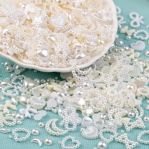 Miniatura 2 de 1200 dijes de uñas multiformas 3D y perlas de parte trasera plana, estilos mixtos de blanco y beige, adornos de corazón y estrella, arco de girasol