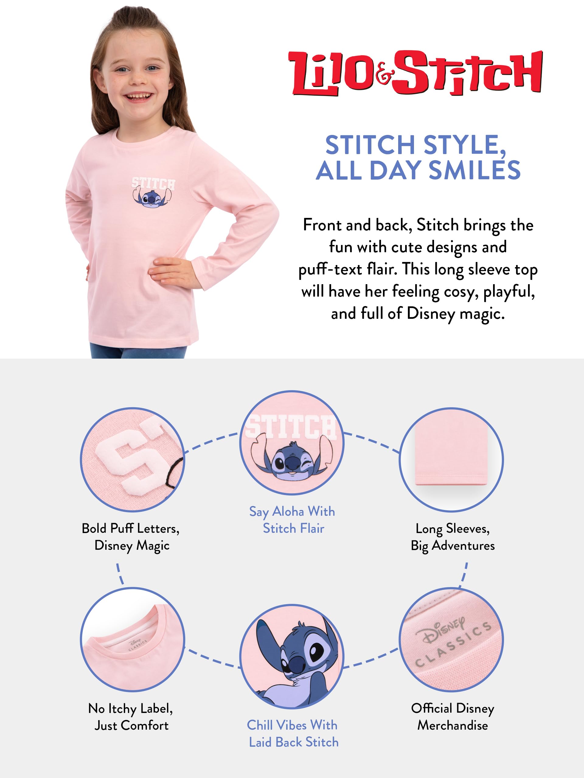 Disney Koszulka z Długim Rękawem Lilo i Stitch, Ubrania Stitch Dla Dziewczynek, Dziewczęce T-shirty