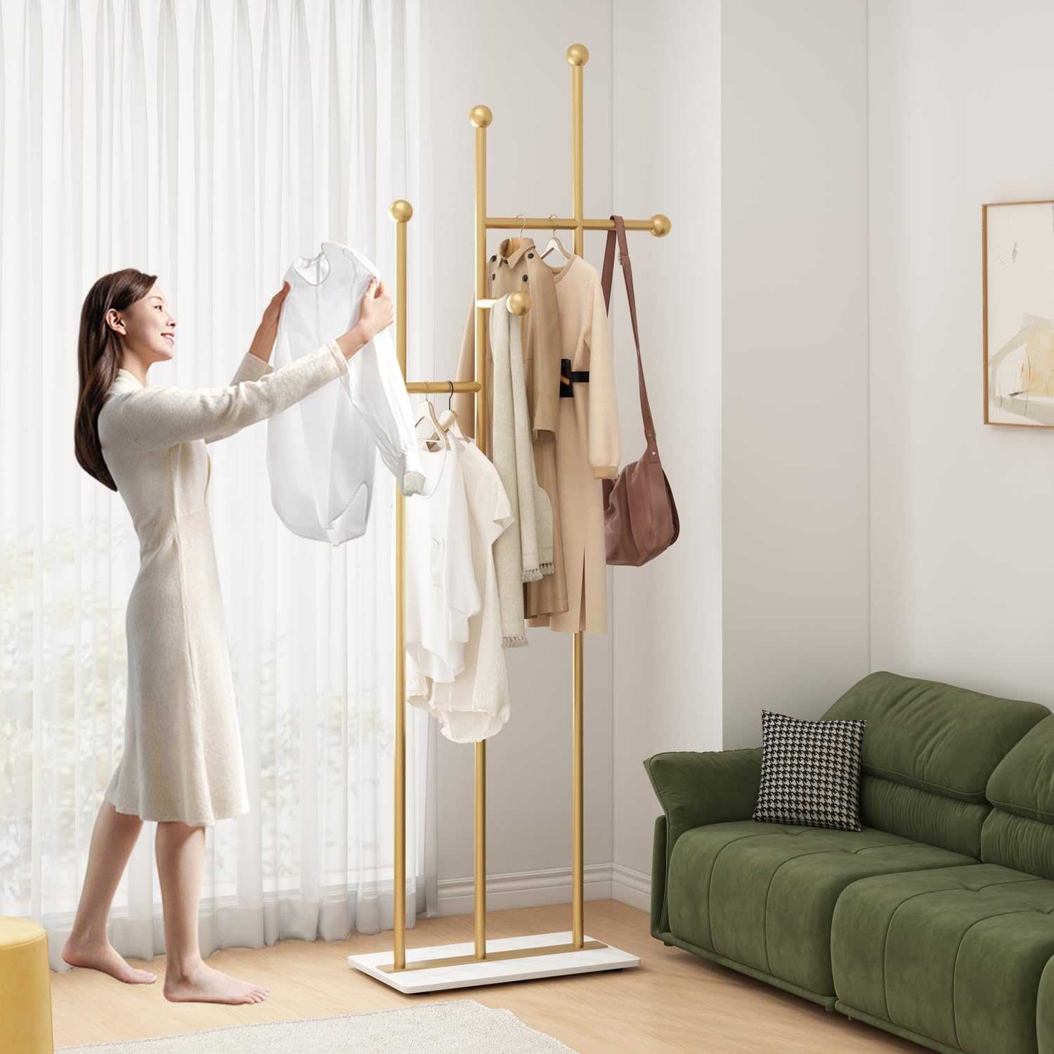 Gold Coat Racks with Marble Base Heavy Duty Clothes Rack Metal Coat Tree for Clothes Hats Scarfs Totes-19