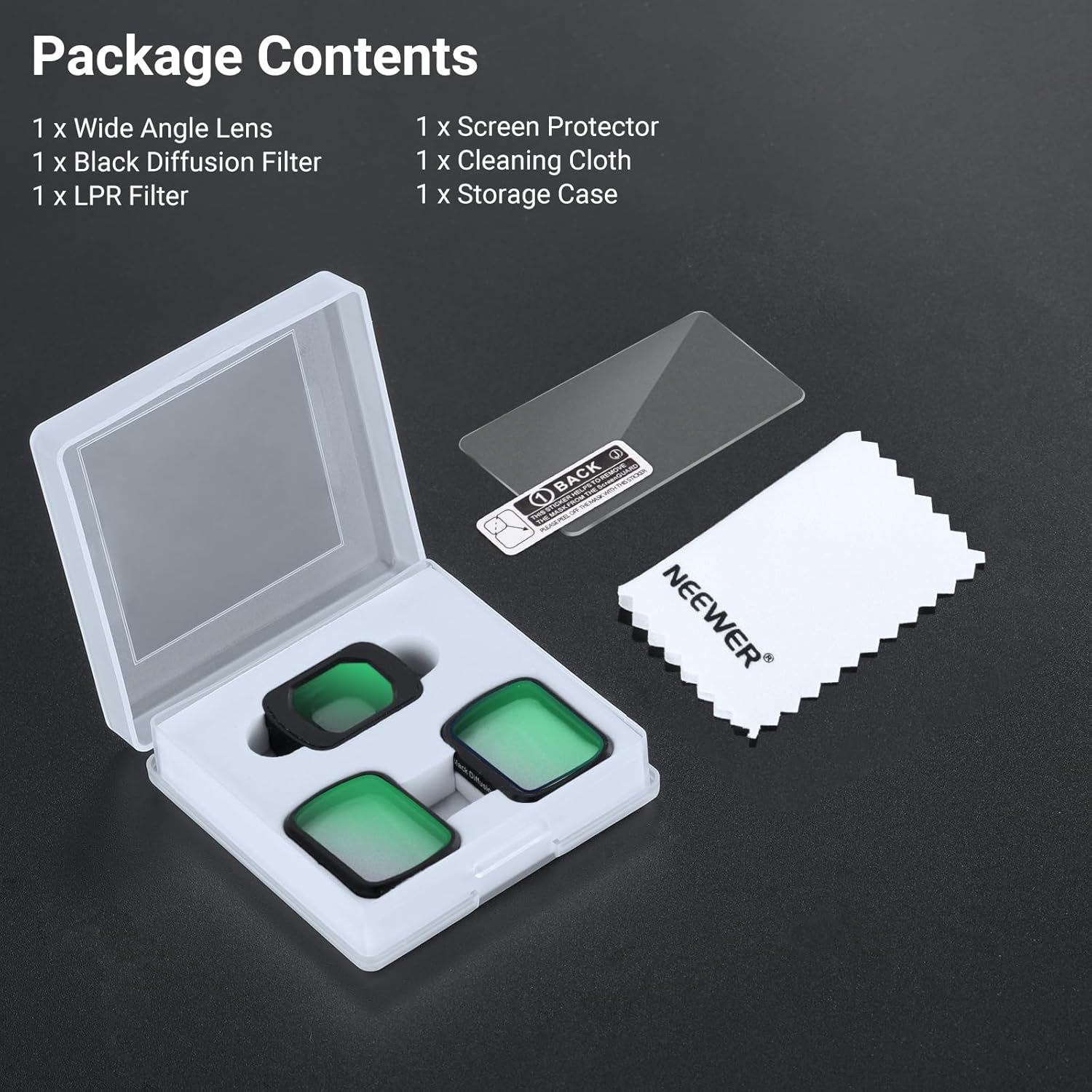 NEEWER Lens Filter Set for Pocket 3, 0.75x Wide Angle Lens + Black Diffusion 1/4 + LPR Filter + Screen Protector, Action Camera Accessories Compatible with DJI Osmo Pocket 3 Only, FL-C84