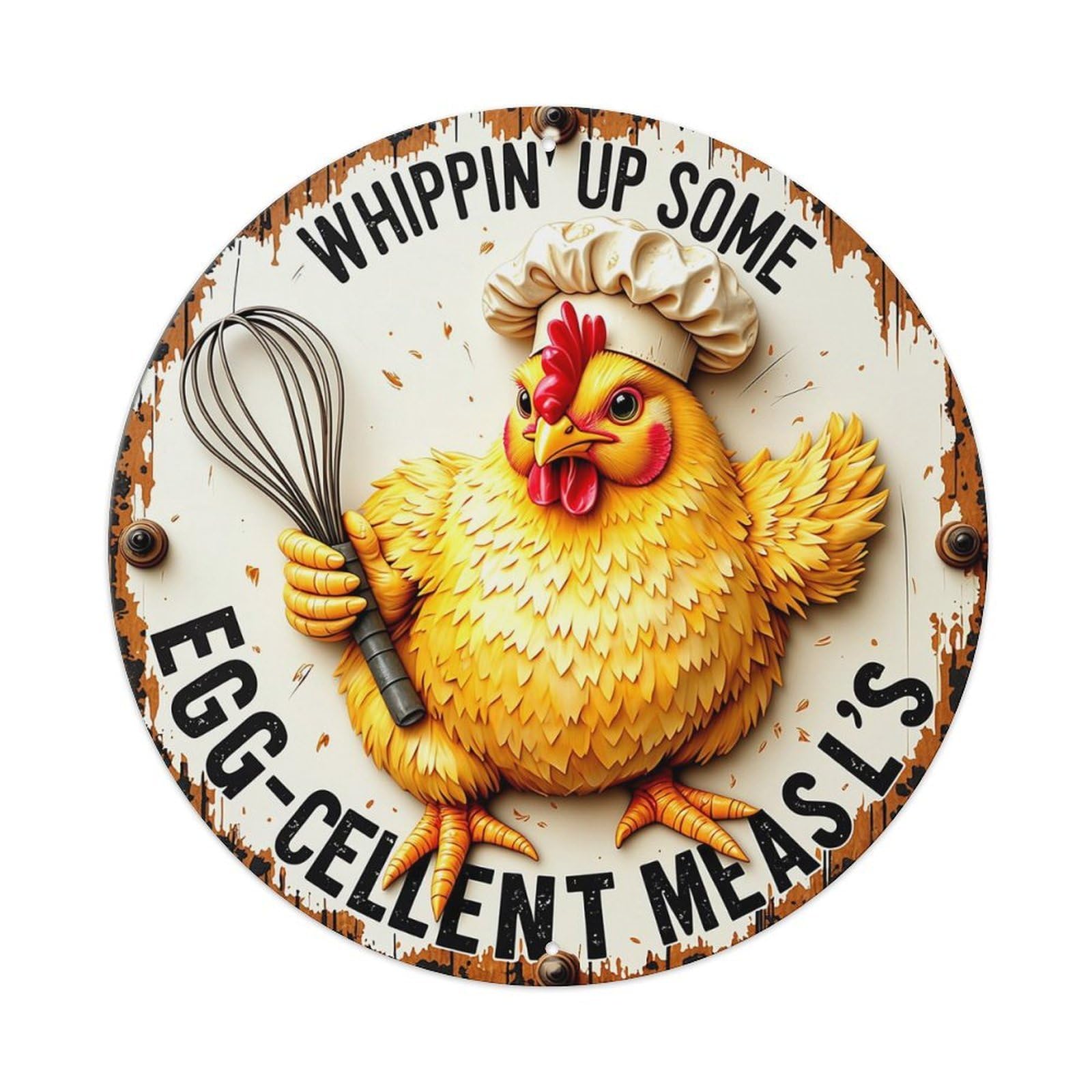 Jdyaojiesheng Vintage Chicken Chef Whisking Eggs Round Tin Sign Retro Metal Wall Decor Metal Poster, Home Bar Garage Farmhouse Cafe Wall Art Decoration 8X8inch