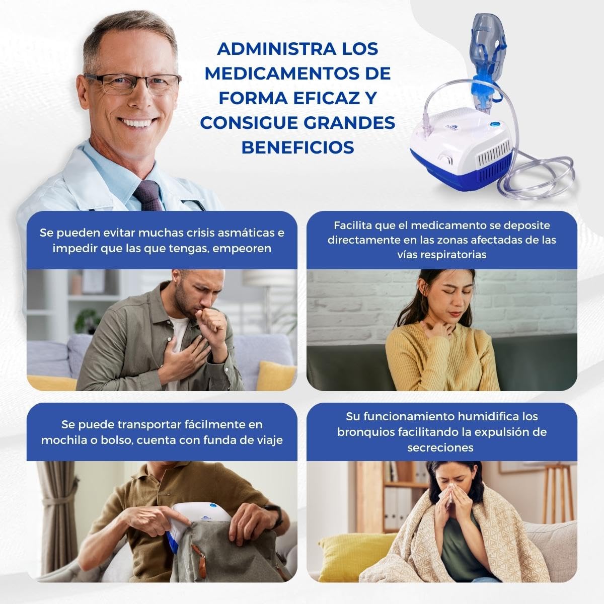 Mobiclinic®, Nebulizador con compresor, Neb-2, Portátil, Para niños y adultos, Bolsa de transporte. mini, Tratamiento enfermedades respiratorias, Máscaras varios tamaños, 5 filtros aire
