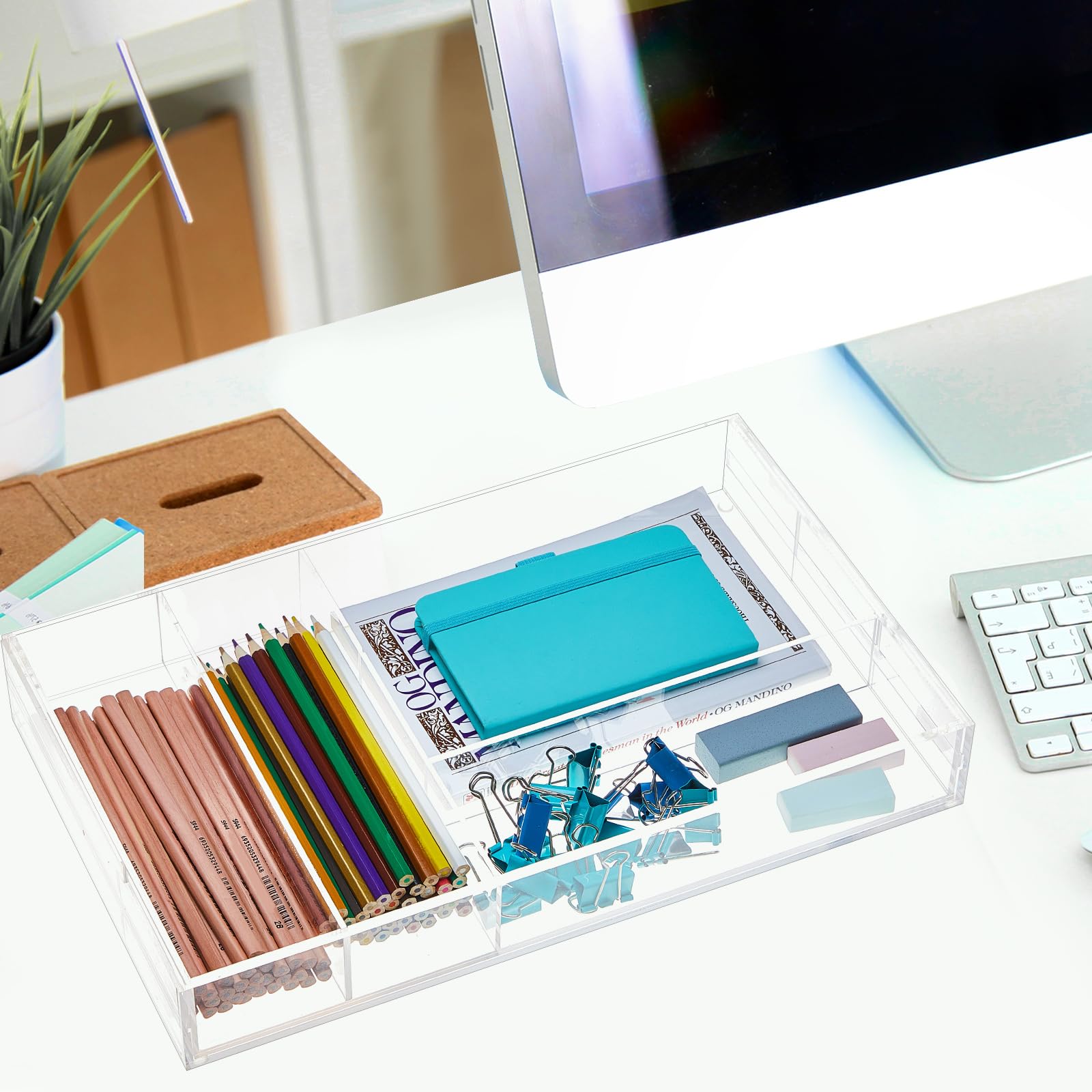 Briwooody 2 organizer per cassetti in acrilico, da 22,7 cm fino a 45,7 x 38,1 x 5,1 cm, espandibile, per penne, quaderni, righelli, trucchi, con 7 scomparti regolabili, per scrivania, ufficio, cucina