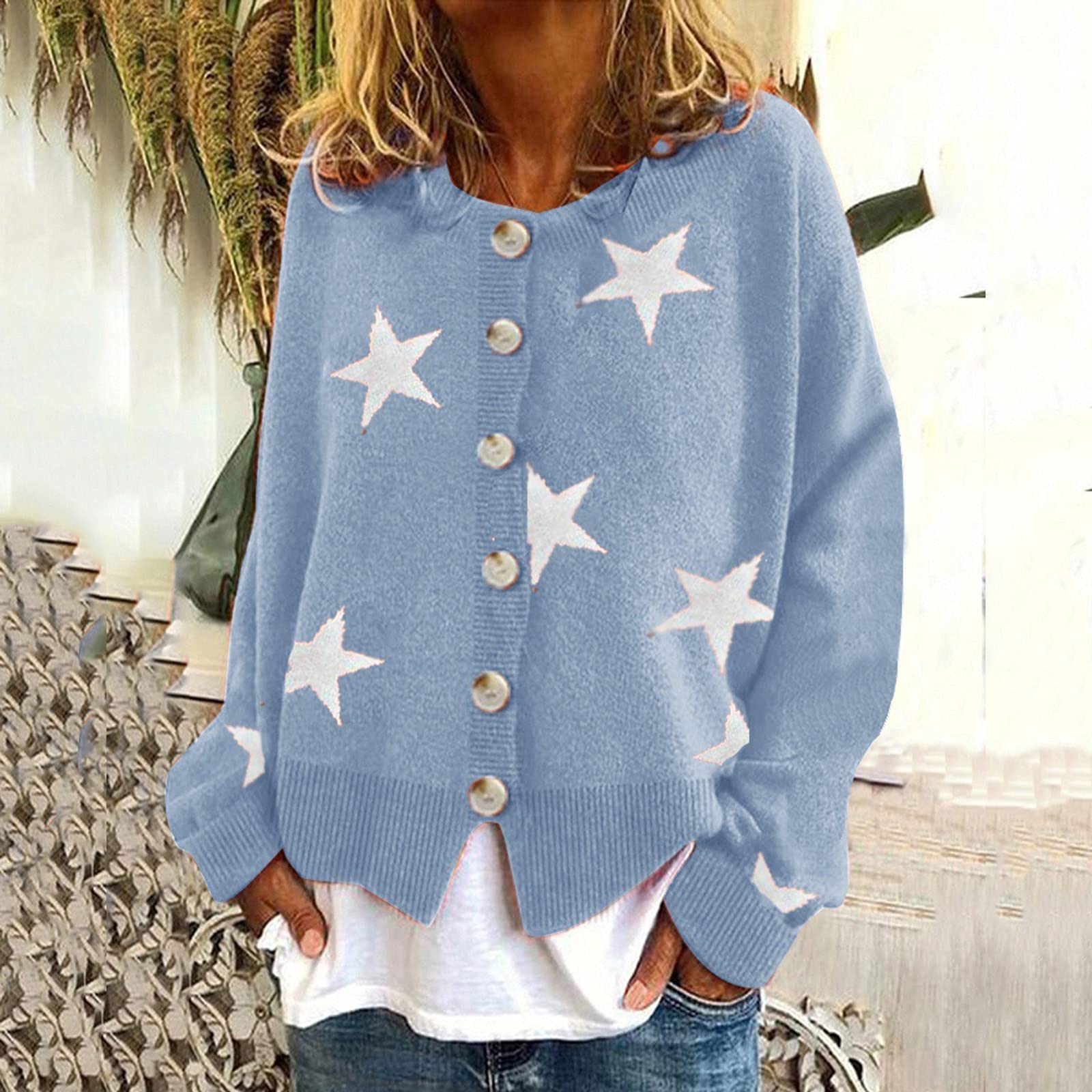 Cárdigan fino para mujer corto - Chaqueta de entretiempo para mujer primavera elegante cuello redondo cárdigan de punto fino estampado cárdigan de punto de manga larga suéter de punto suéter cómodo