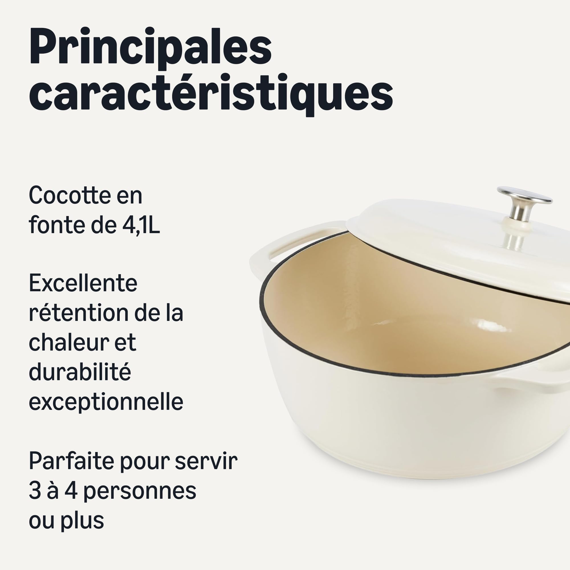 Amazon Basics Cocotte Ronde en Fonte Emaillee avec Couvercle, 4,1 L, Blanc