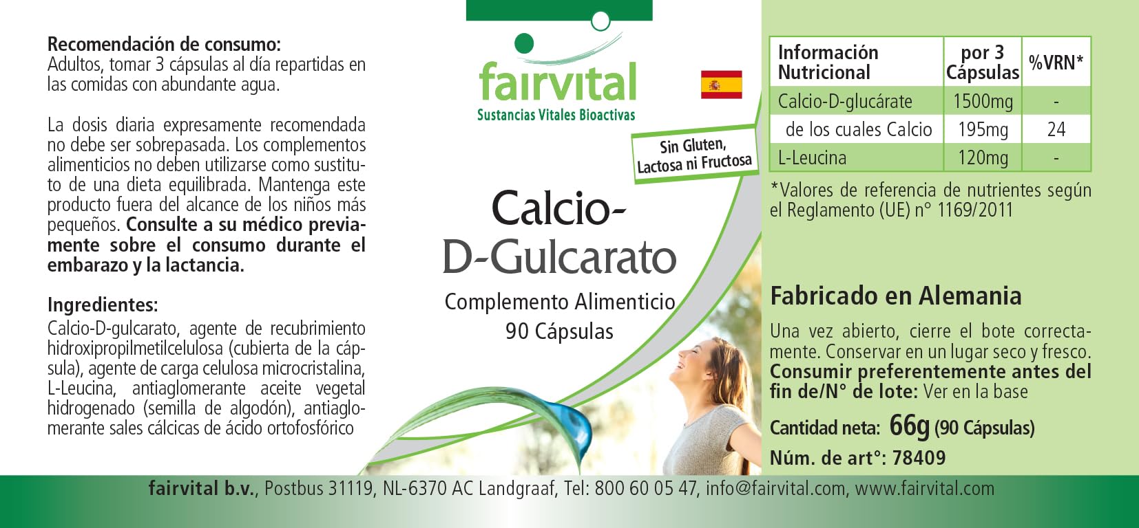 fairvital Glucarato de calcio, 90 cápsulas, 1500mg, de los cuales 195mg son calcio por dosis diaria, calidad certificada y alta dosis, 100% vegano, fabricado en Alemania