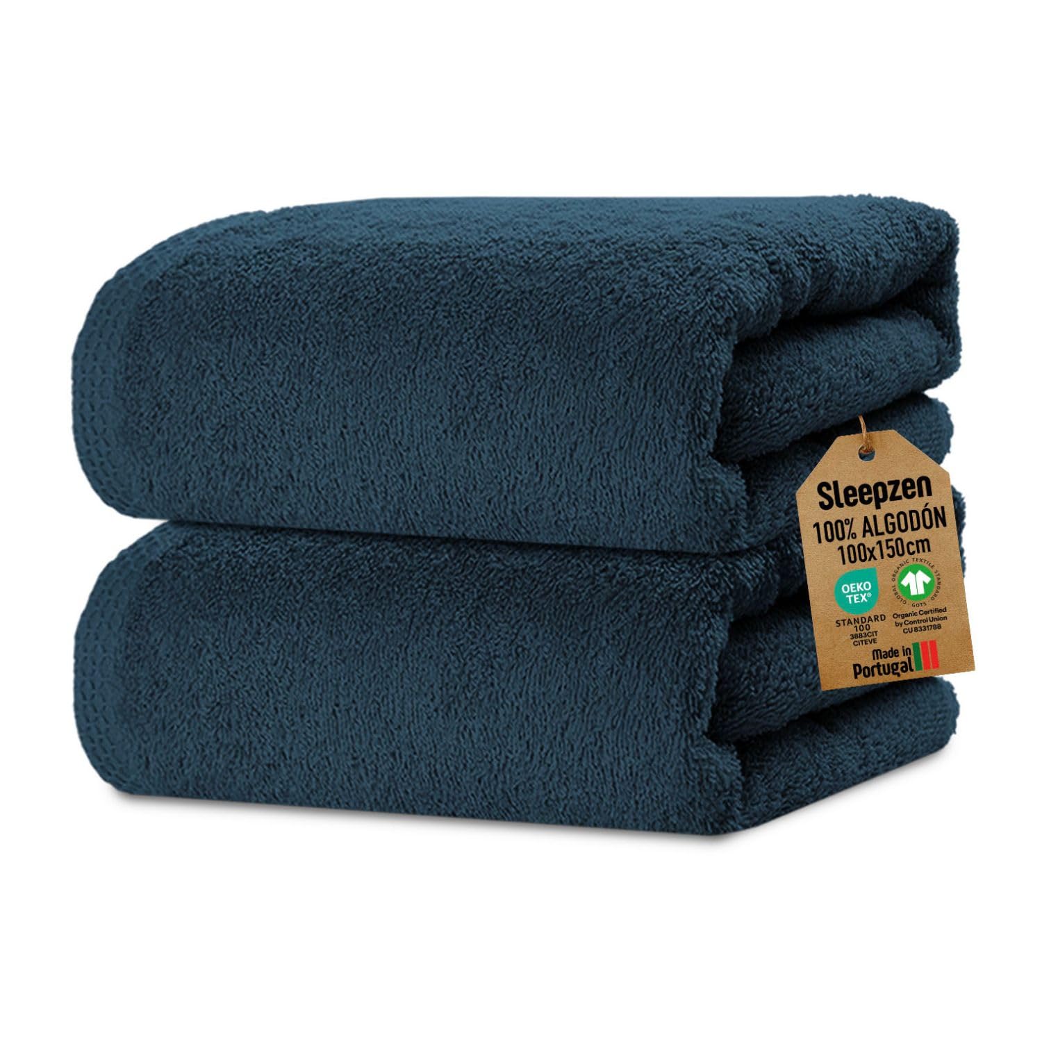 SLEEPZEN - Juego de Toallas de Baño 100x150, Juego de 2 - Azul Poseidón, Algodón Orgánico Certificado Gots - 500 gsm - Ultra absorbentes, Extra Suaves - Fabricadas en Portugal - Certificadas Oeko-Tex