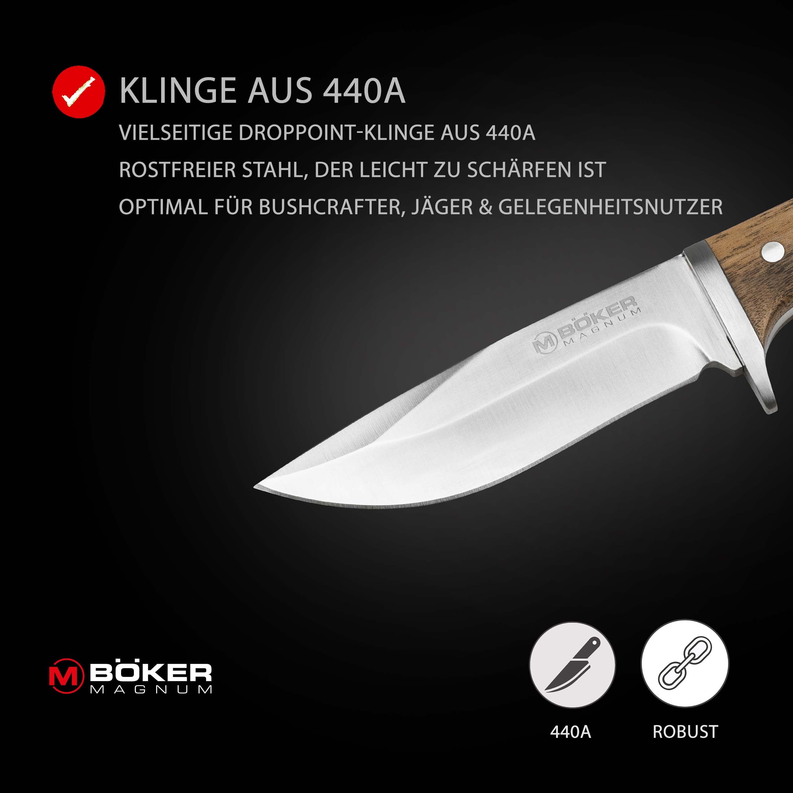 Magnum® Walnut Drop Fixed Knife - Fahrtenmesser mit feststehender Klinge unter 12 cm - Jagdmesser Holzgriff & Scheide - feststehendes Full Tang Outdoor Messer mit Parierelement für Pfadfinder