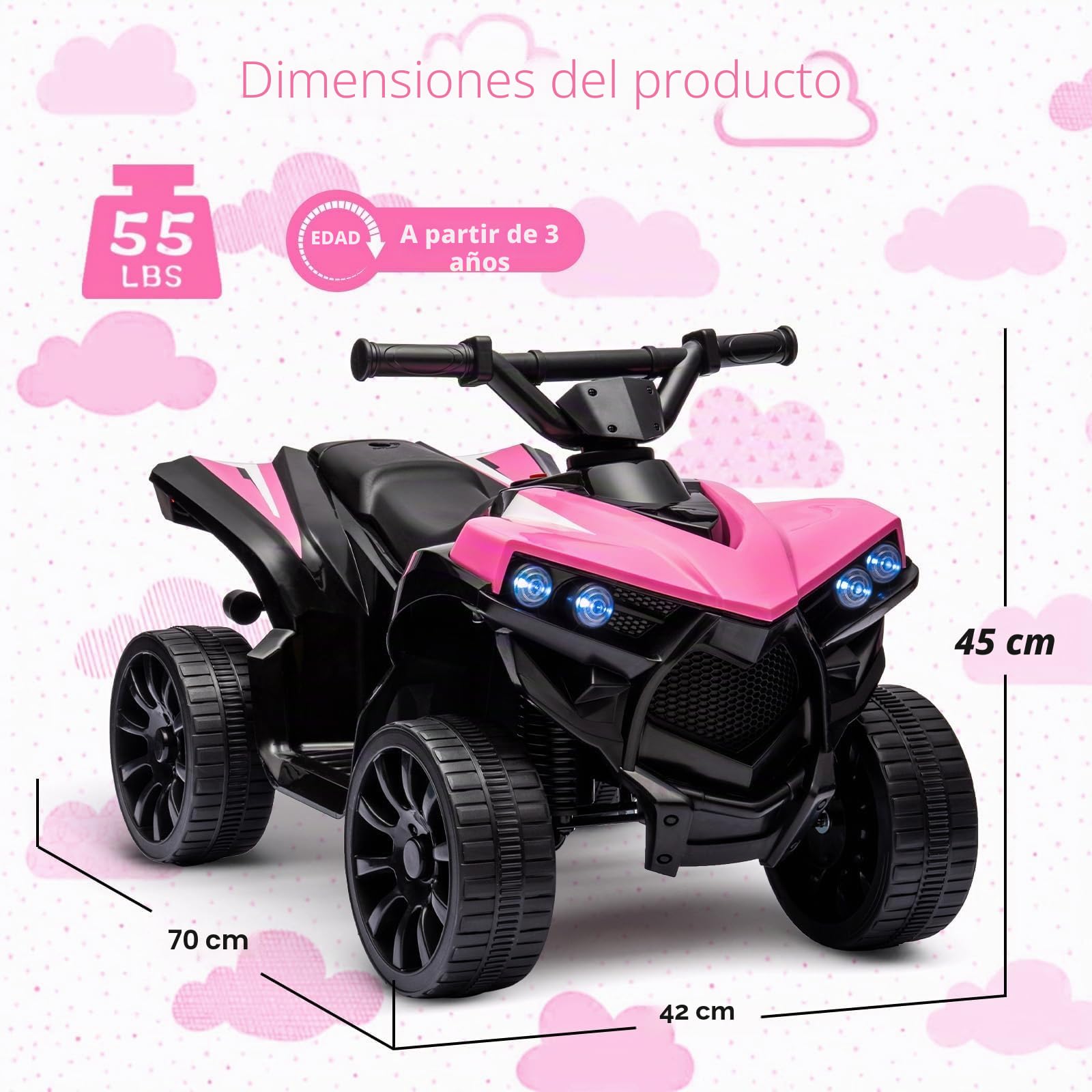 Garvee Quad Eléctrico Niño, Coche Eléctrico para Niños con LED Y Música,1.5-3 Km/h, Bocina, ATV para Niños 3+
