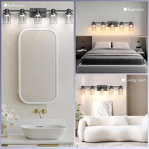 Miniatura 60 de Quntis Lámparas de baño negras de 4 luces con 5 modos de color, lámpara de tocador moderna regulable de 27 pulgadas sobre espejo, lámpara de pared