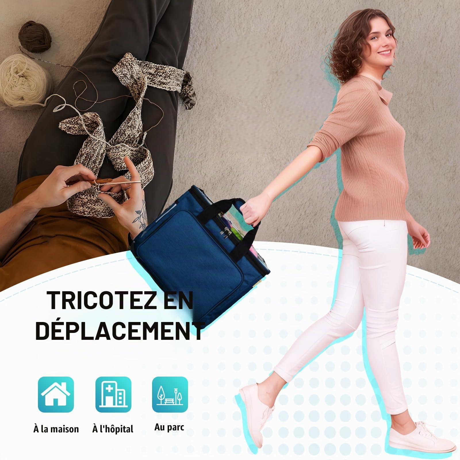 Sac Tricot, Honshin Sac à Tricot Rangement Portable pour Transporter un Projet, des Aiguilles à Tricoter, Crochets et Pelotes de Laine