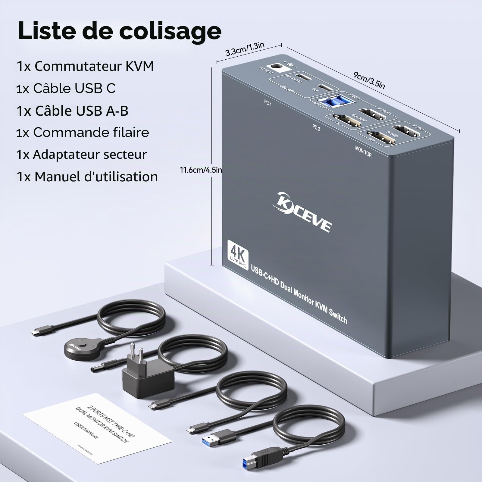 KVM Switch 2 Moniteurs 1 Bureau 1 Ordinateur Portable 4K@60Hz,Station d'accueil de Commutateur KVM à Double Moniteur 7 en 1, Expand 2 écrans HDMI, 4xUSB 3.0, PD 80W, Câble USB-C Inclus