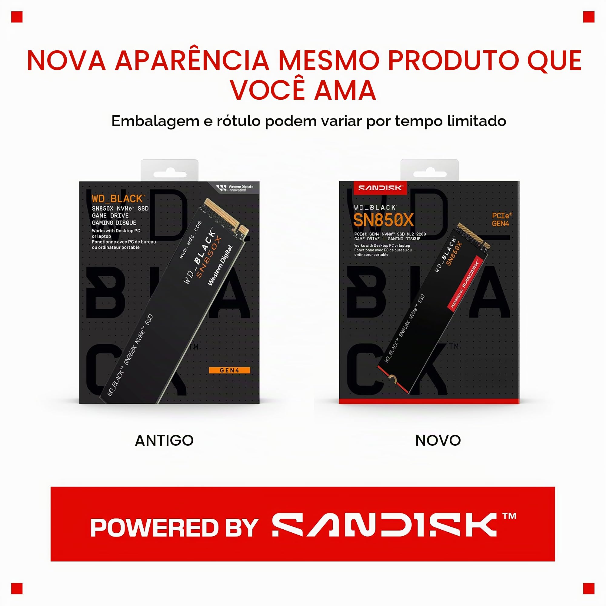 SSD WD Black SN850x 1TB NVMe M.2 2280 (Leitura até 7300MB/s e