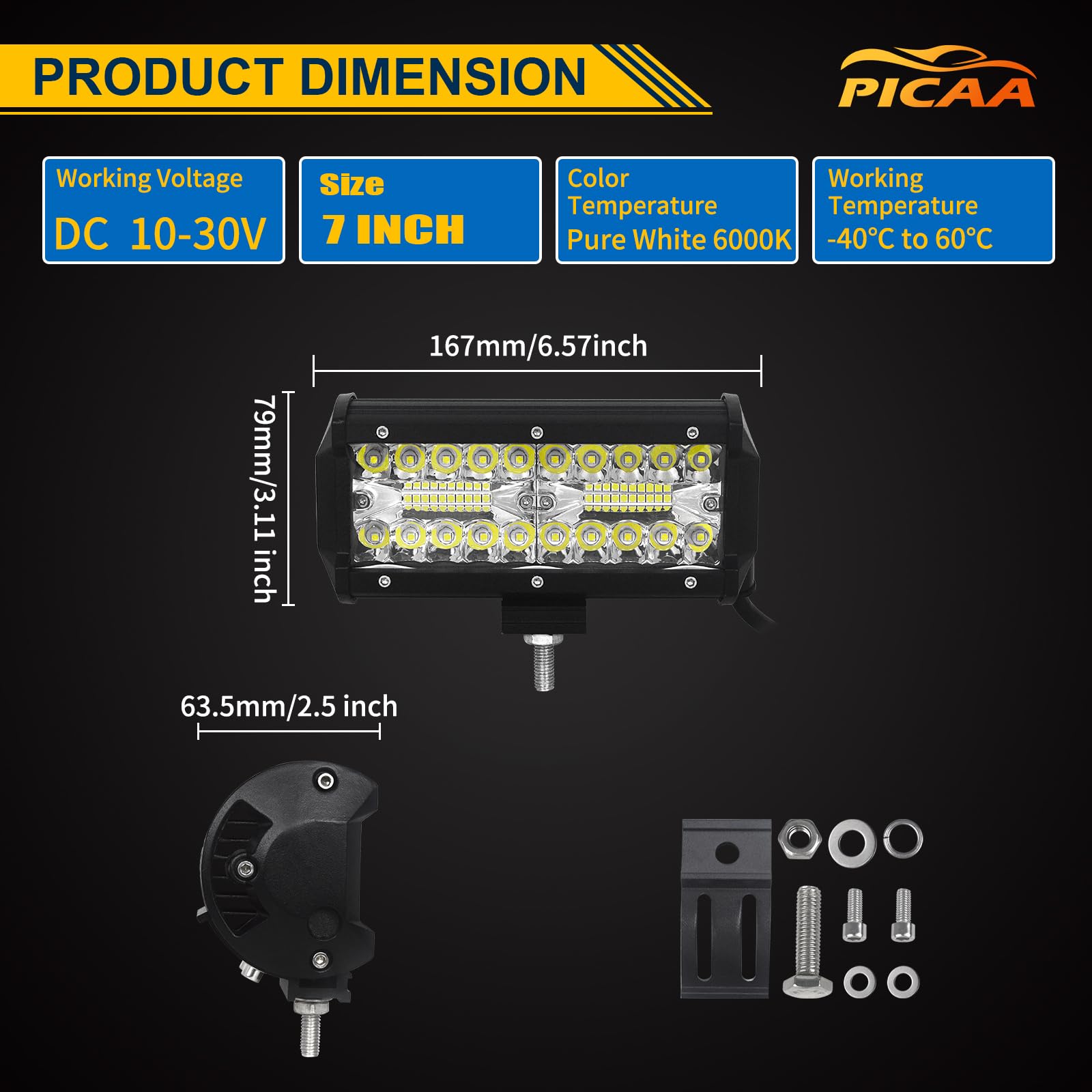 PICAA 2x 7 cali 120W listwa świetlna LED 4x4 z zestawem wiązki przewodów 12V, potrójne rzędy punktowe i powodziowe światła robocze, wodoodporna lampa przeciwmgielna do samochodów terenowych ciężarówek