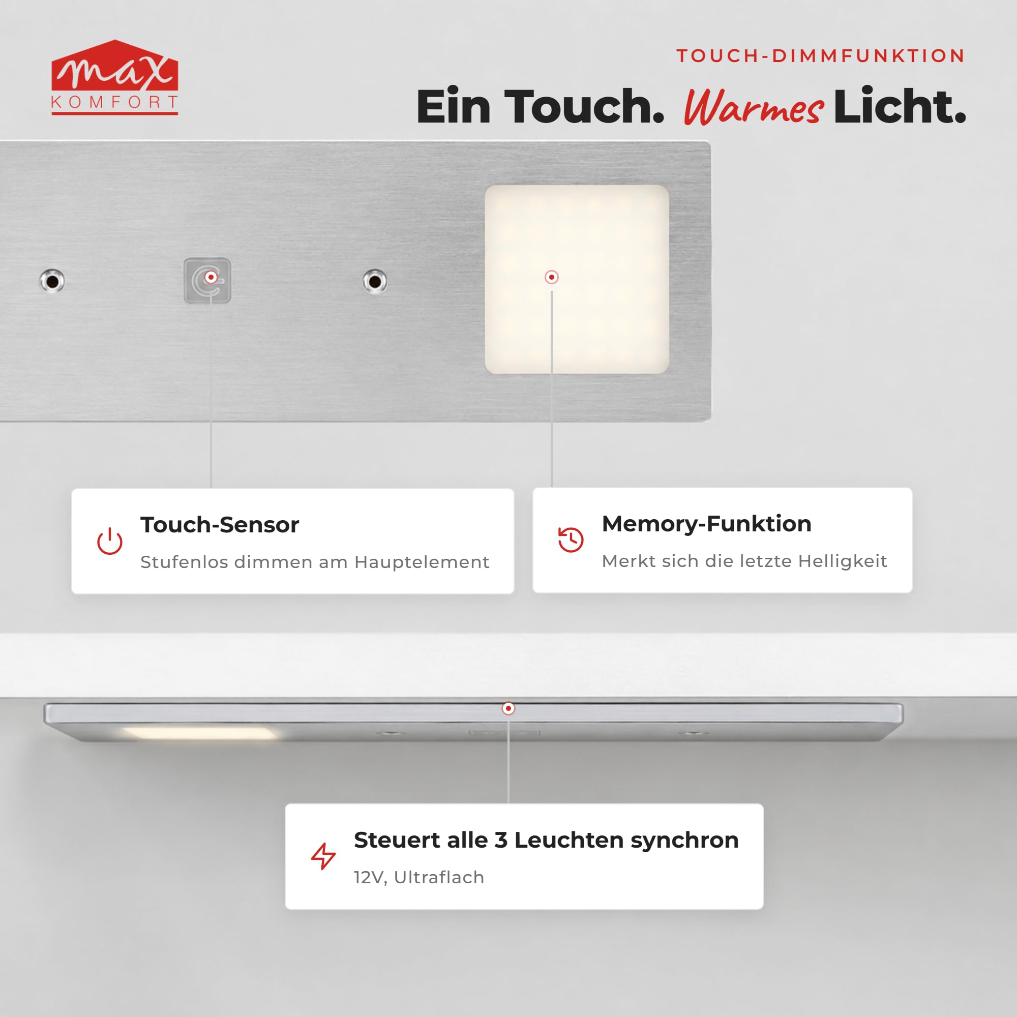 Maxkomfort LED Unterbauleuchte Küche 5er Set Dimmbar per Touch – 4W Warmweiß 3000K, Aluminium Ultraflach 5mm, Plug and Play Montage ohne Elektriker, Unterschrankleuchte Küchenschrank