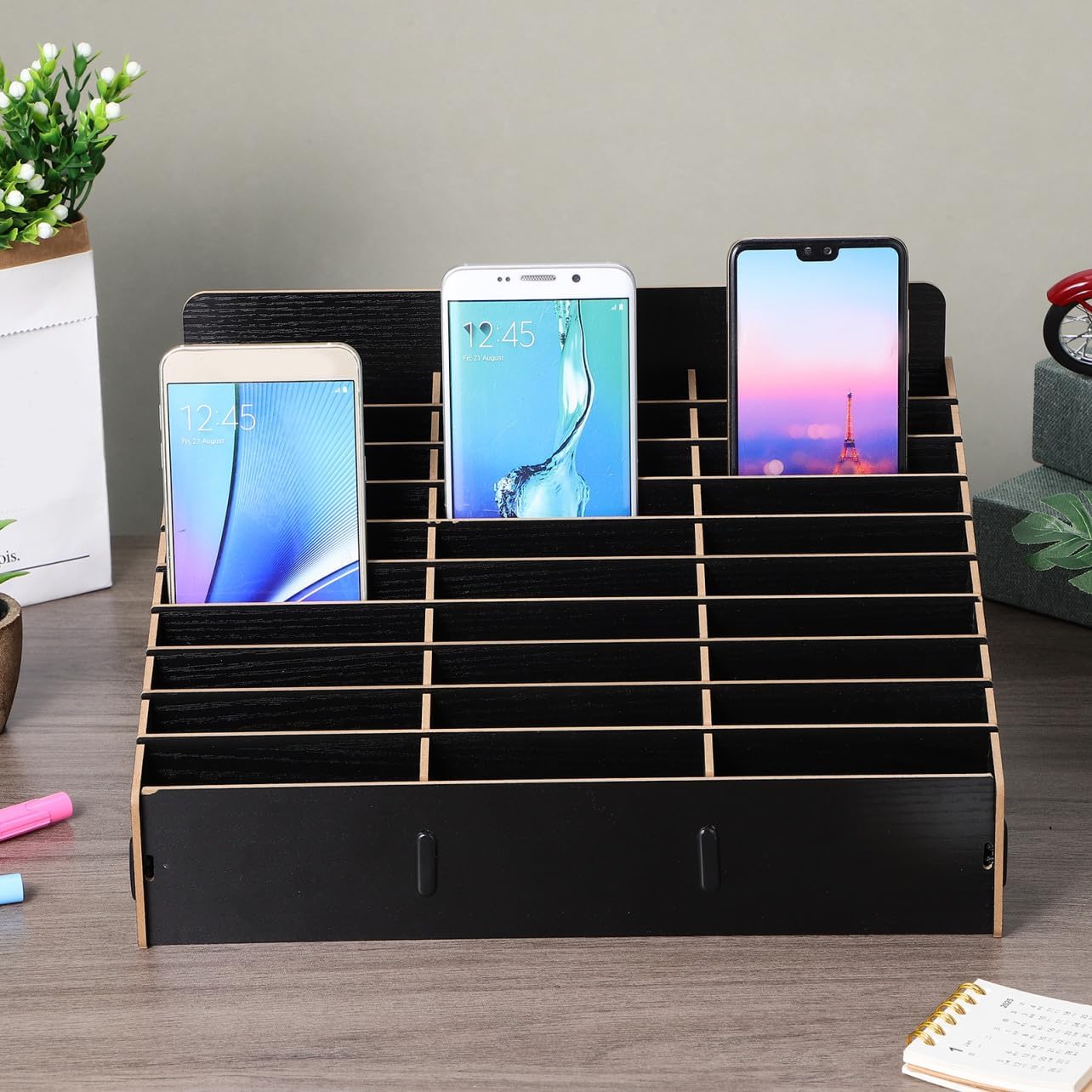 Box Locker Organizer Cell Phone Holder Office Shelf Phone Organizer Pencil Wood Desktop Bins Compartment Wooden Black Multi-grid Wooden Box 1pc