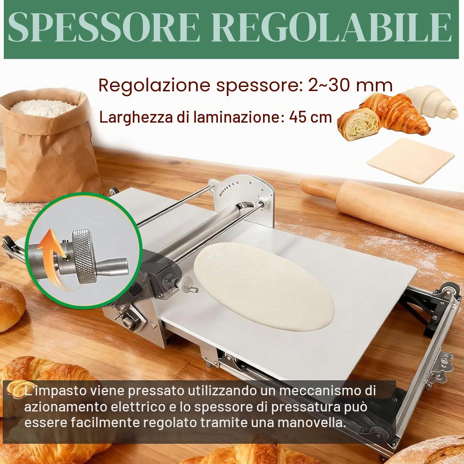 Sfogliatrice Pieghevole da 22,4", Stendipasta Elettrico, in Acciaio Inox, con Spessore Regolabile da 2 a 30 Mm, per Uso Domestico E Commerciale