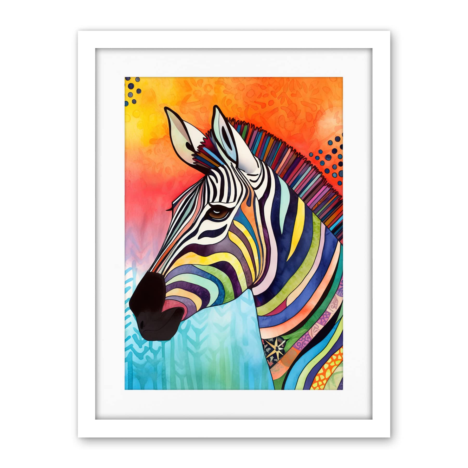 Artery8 Zebra Folk Art Bright Multicoloured Artwork Framed Wall Art Print 18X24 Inch