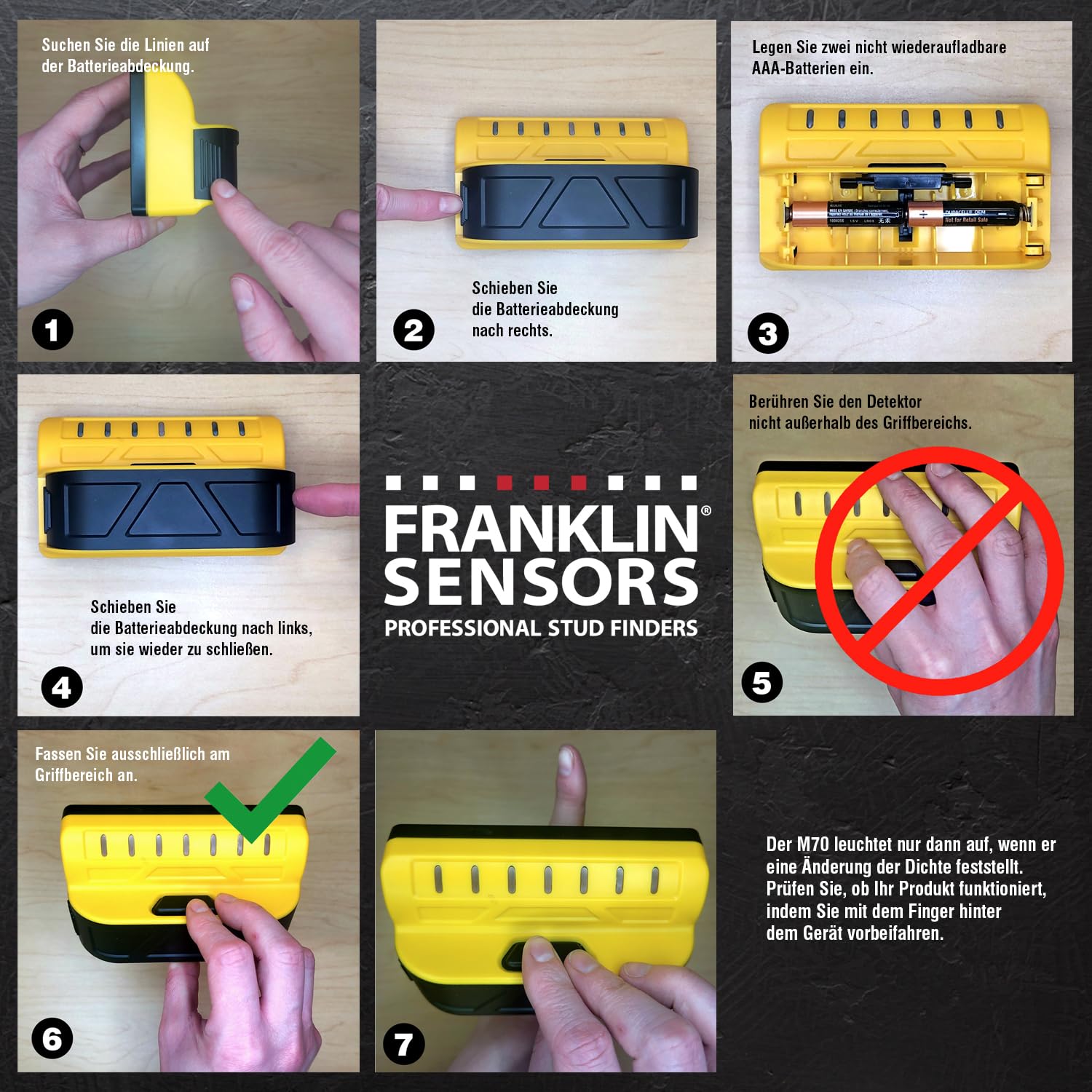 Franklin Sensors ProSensor M70 Professioneller Balkenfinder mit 7 Sensoren für höchste Genauigkeit erkennt Holz & Metallbolzen mit unglaublicher Geschwindigkeit, Gelb
