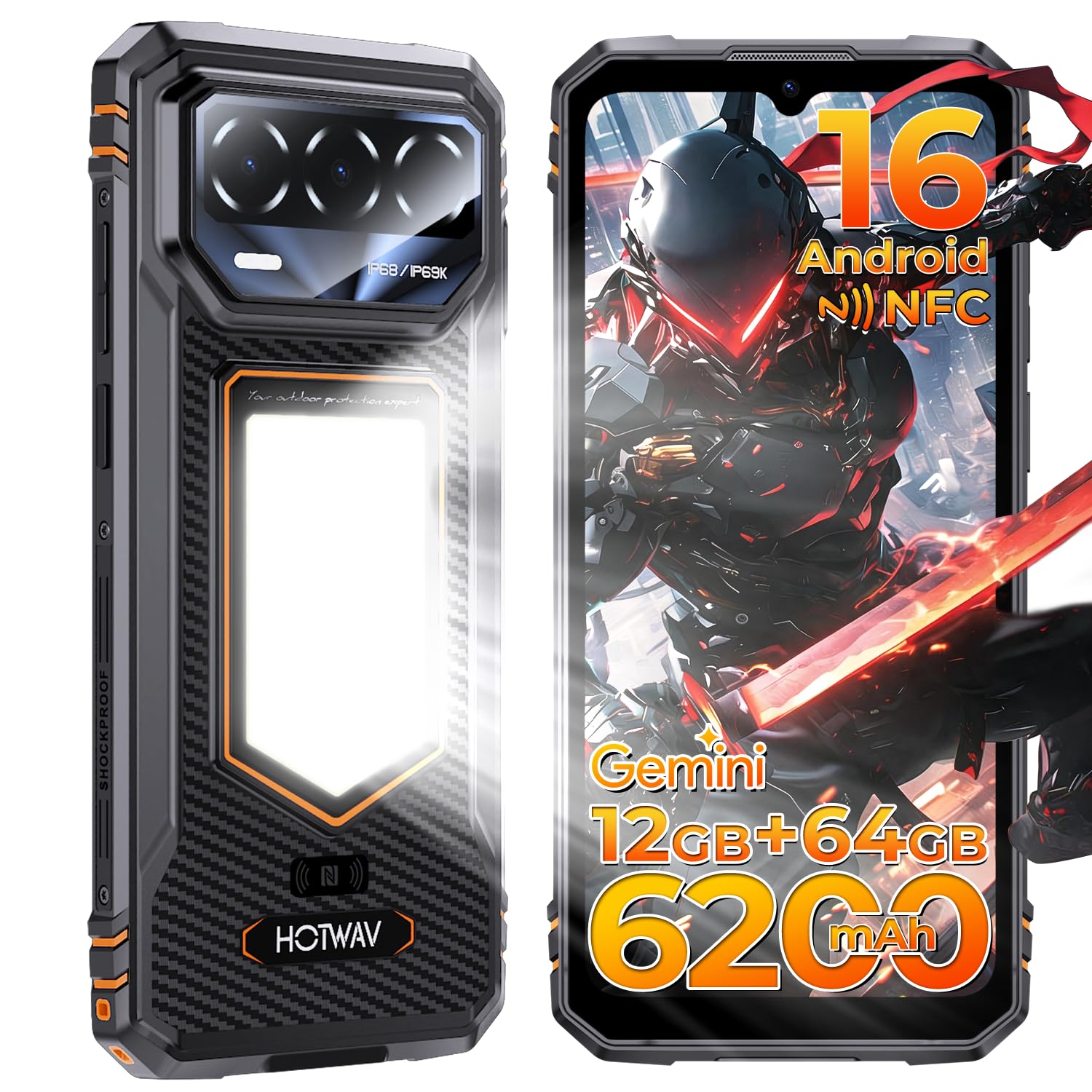 HOTWAV T8 Outdoor Handy 2026 Android 16 12GB+64GB/2TB, 6200mAh, 6.75" 120Hz | Outdoor Smartphone Ohne Vertrag 20W Quick-Charge, 20MP+5MP, Gemini AI, NFC/Fingerprint/Face ID/Wasserdicht/Dual SIM/GPS/OTG