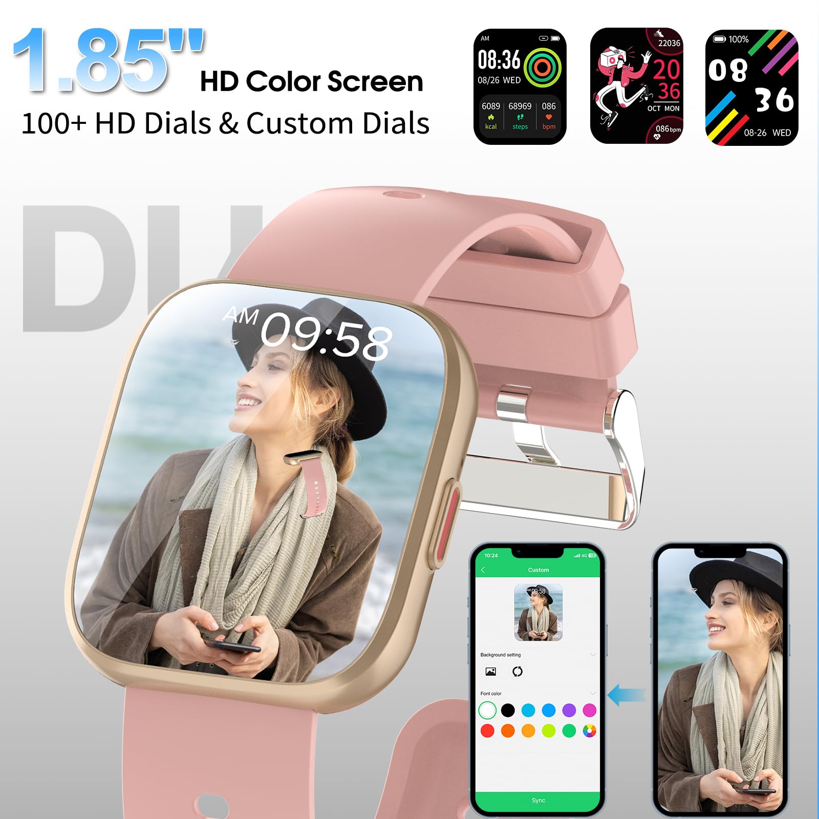 Smartwatch Uomo Donna, 1,85'' Orologio Smartwatch con Effettua/Risposta Chiamate, 112 Modalità Sportive Fitness Tracker con Sonno/Cardiofrequenzimetro, IP68 Smart Watch per Android iOS, Rosa Chiaro