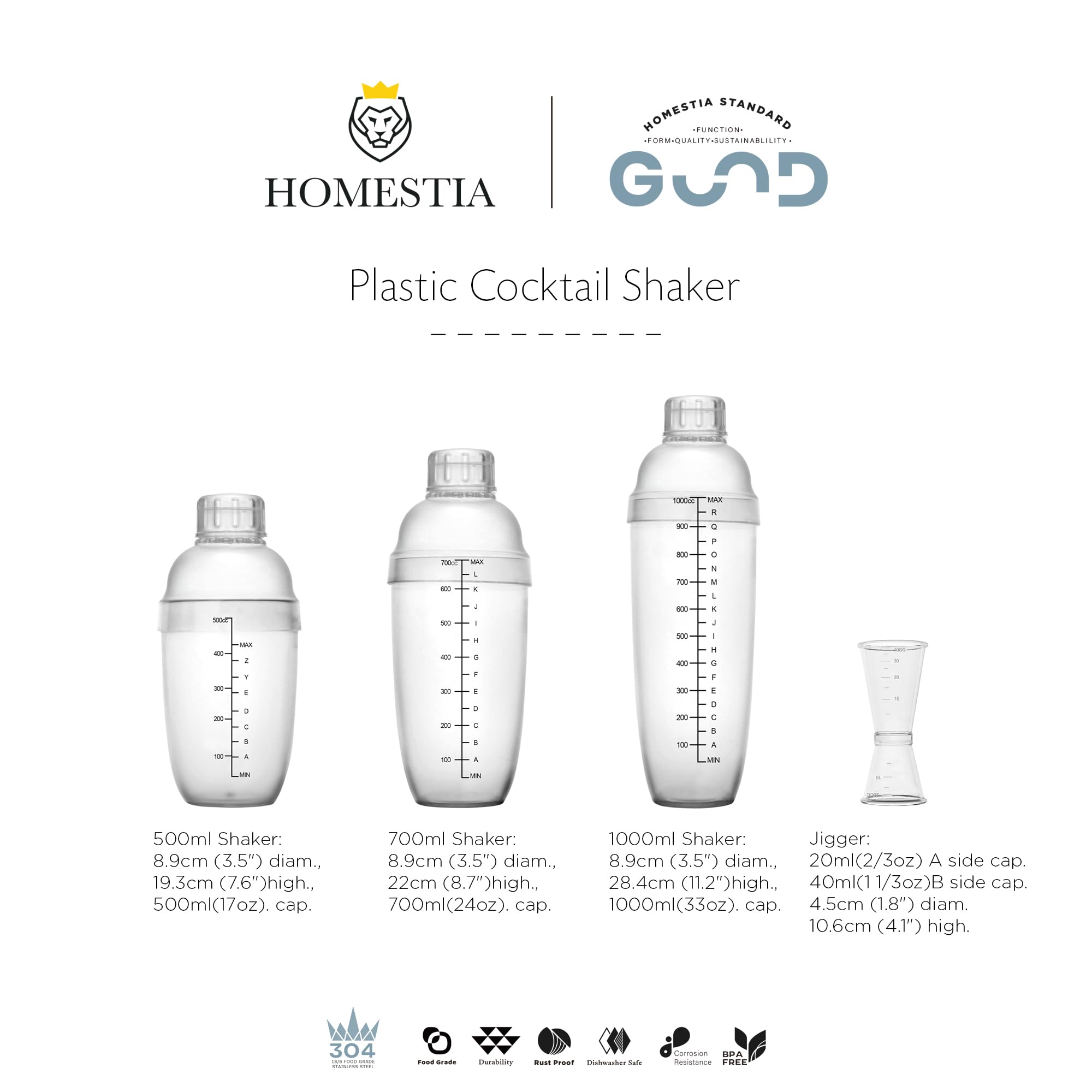 Homestia Moderno Plástico 3 piezas Coctelera mezclador glassleak libre antideslizante superficie, martillo