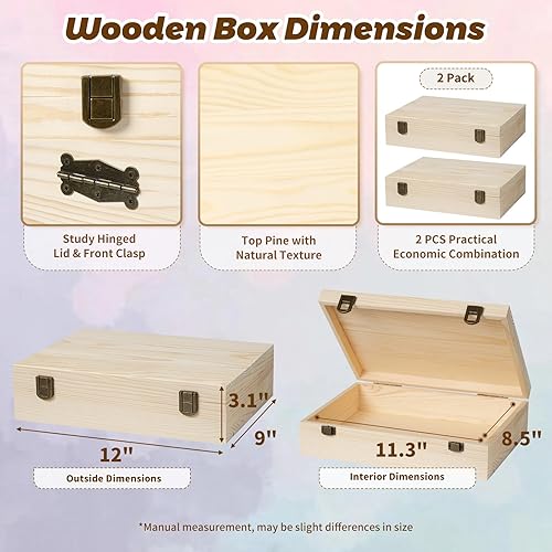 Miniatura 2 de Paquete de 2 cajas de madera sin terminar con tapa, pequeñas cajas de madera (12 x 9 x 3.1 pulgadas), caja de madera de pino natural para