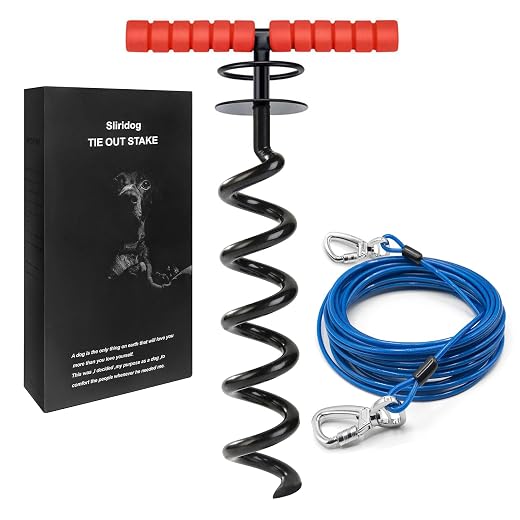 Heavy Duty 30FT Dog tie Out Cable and Stake for Large Dogs, Dog Tie Out Stake and Cable Anchor for Large Dogs up to 200 lbs, Large Dogs for Yard, Beach, Outdoor (Large, Black)